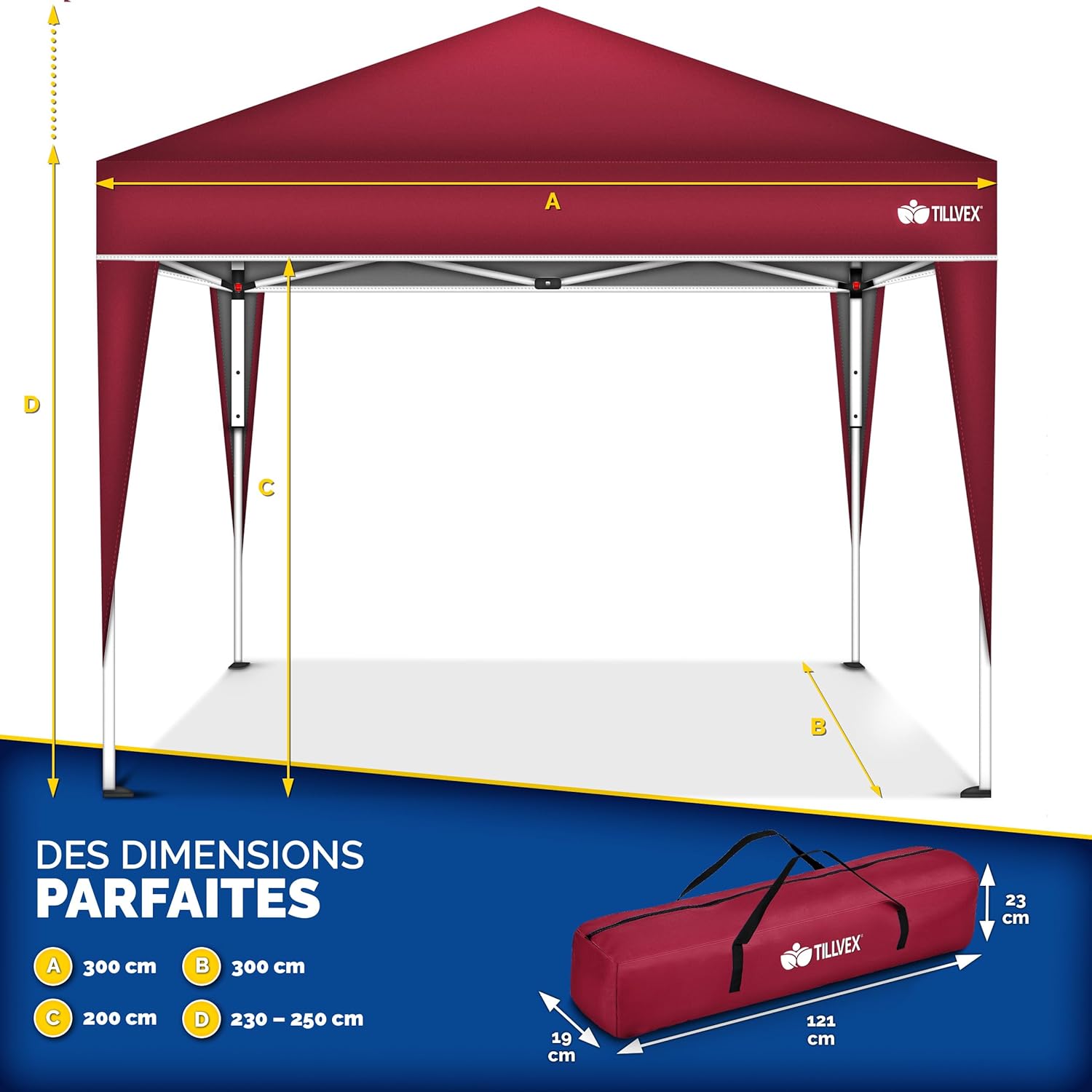 tillvex - Tonnelle pliante réglable 3x3m - UV50+ sac jardin