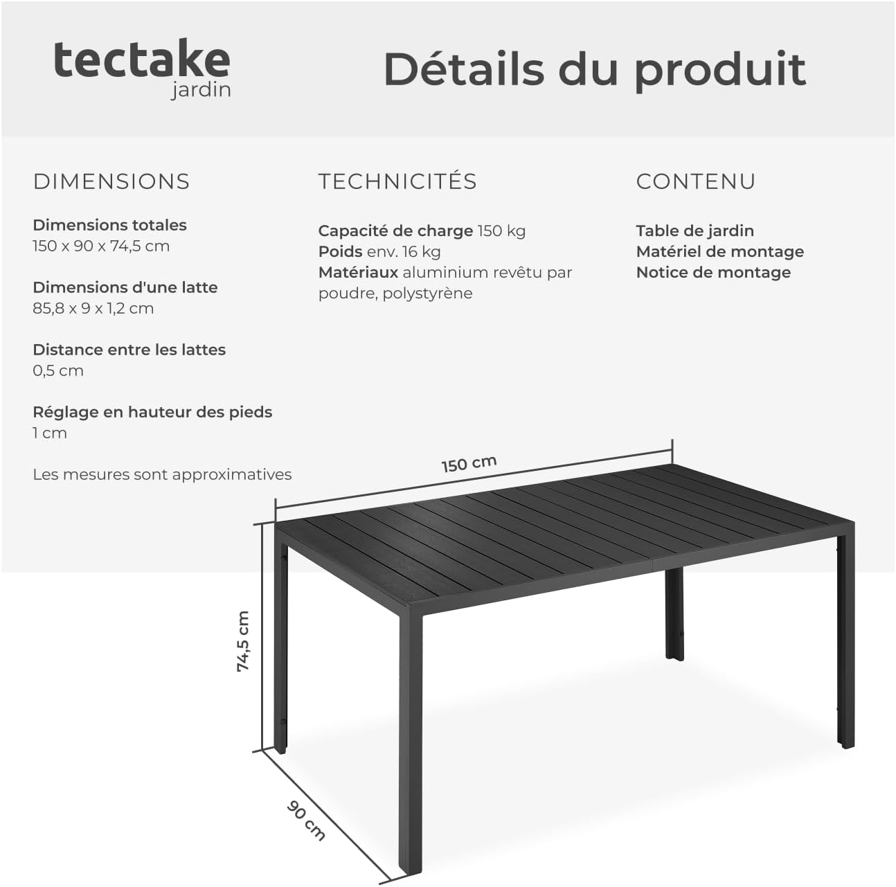 tectake - Table à manger aluminium bois 150x90x74,5 cm, réglable, anti-intempéries