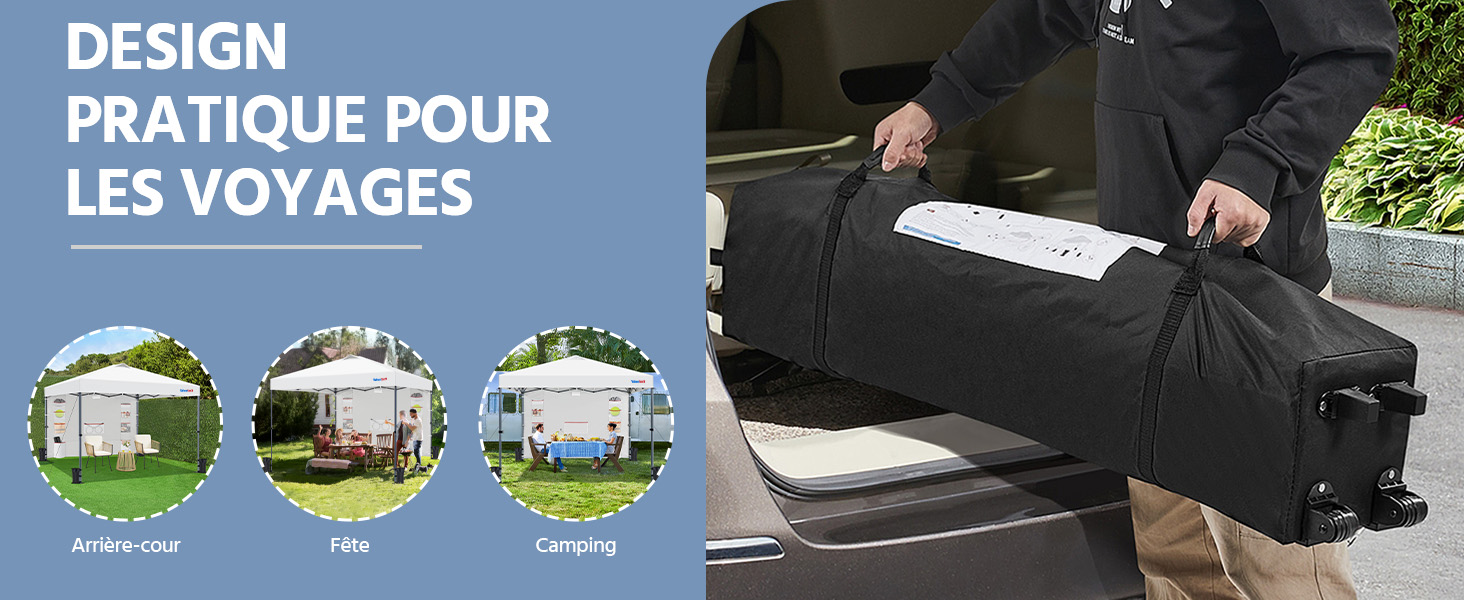 Sac de voyage cylindrique noir avec poignées à charger dans le coffre d'une voiture. La superposition de texte indique un design pratique pour les voyages. De petites icônes indiquent l'utilisation pour l'avant-cour, la terrasse et le camping
