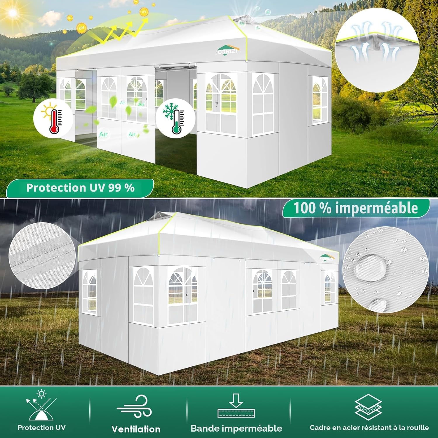 COBIZI - Barnum pliant série Jardin - 3x6m - Imperméable, anti-UV, 6 parois, sac transport
