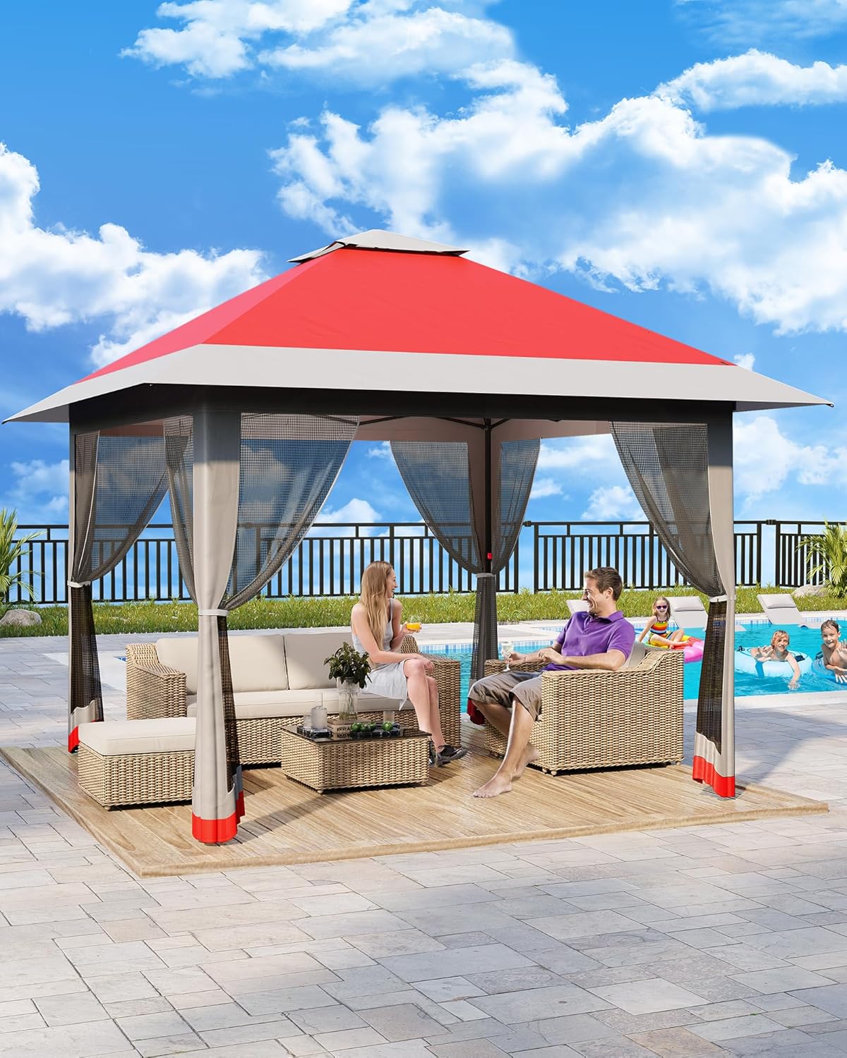 Garvee – Tonnelle Pop-Up série – 3,96x3,96m – moustiquaire, toit double, hauteur ajustable