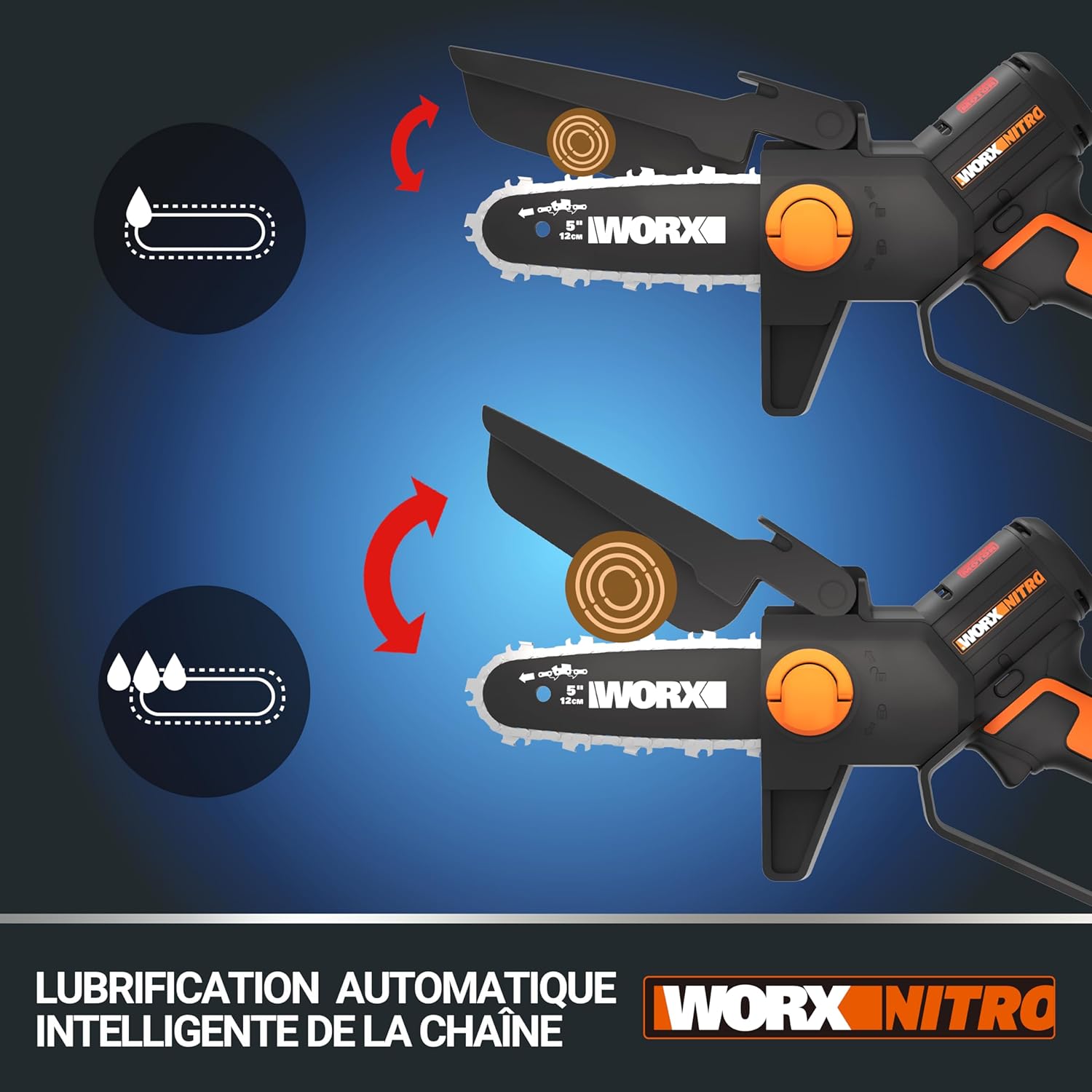 WORX - Mini tronçonneuse brushless 20V, guide 12cm, coupe 10cm, WG325E