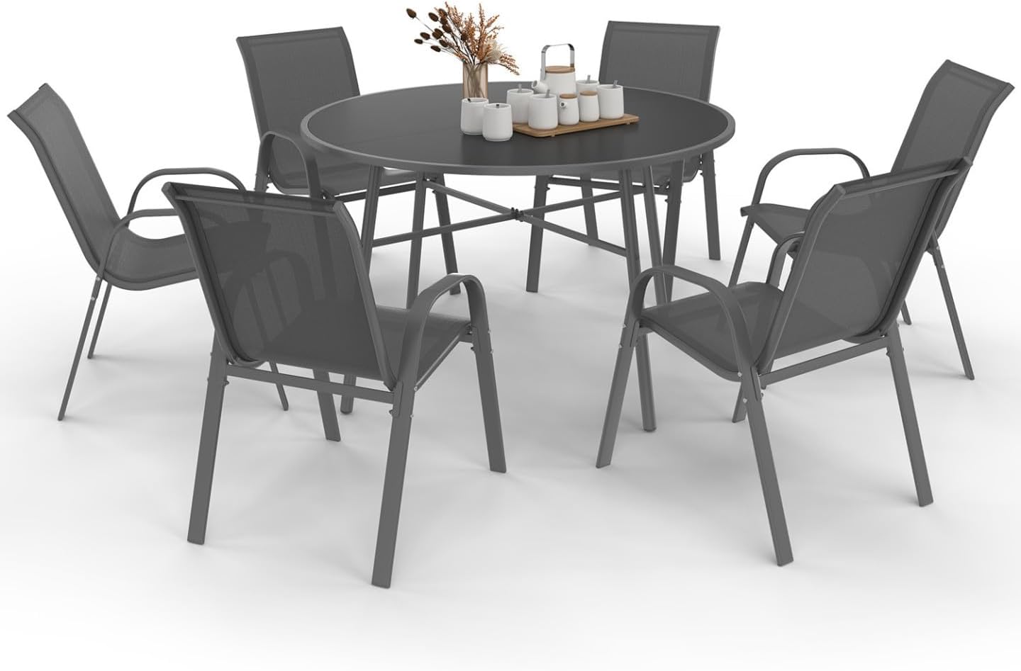 IDMarket - Salon Madrid - table ronde 120cm, 6 chaises empilables, gris anthracite