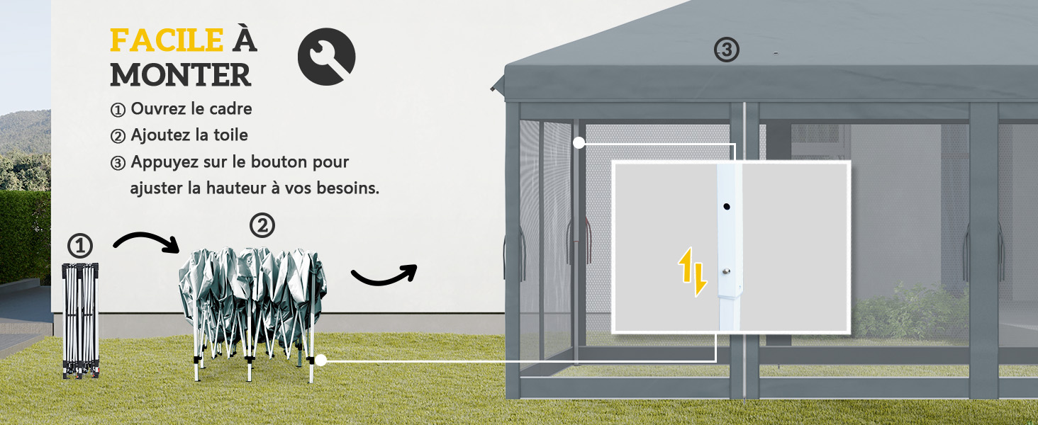 Guide d'installation pour structure extérieure montrant le processus d'assemblage en trois étapes avec des instructions en français et des schémas simplifiés