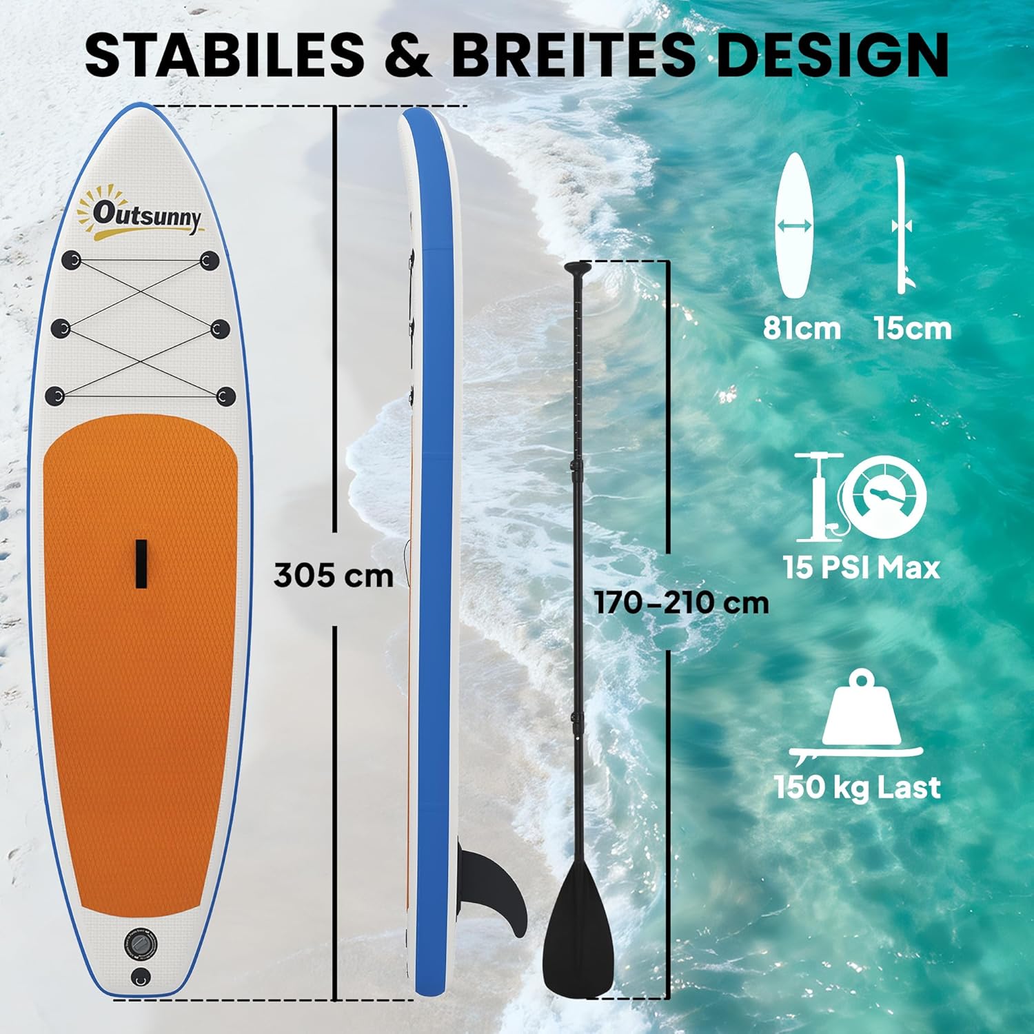 Outsunny Planche de stand up paddle gonflable de 305 cm avec pagaie réglable en aluminium, aileron amovible, dragonne antidérapante, accessoires pour sac à dos, 150 kg, pour adultes