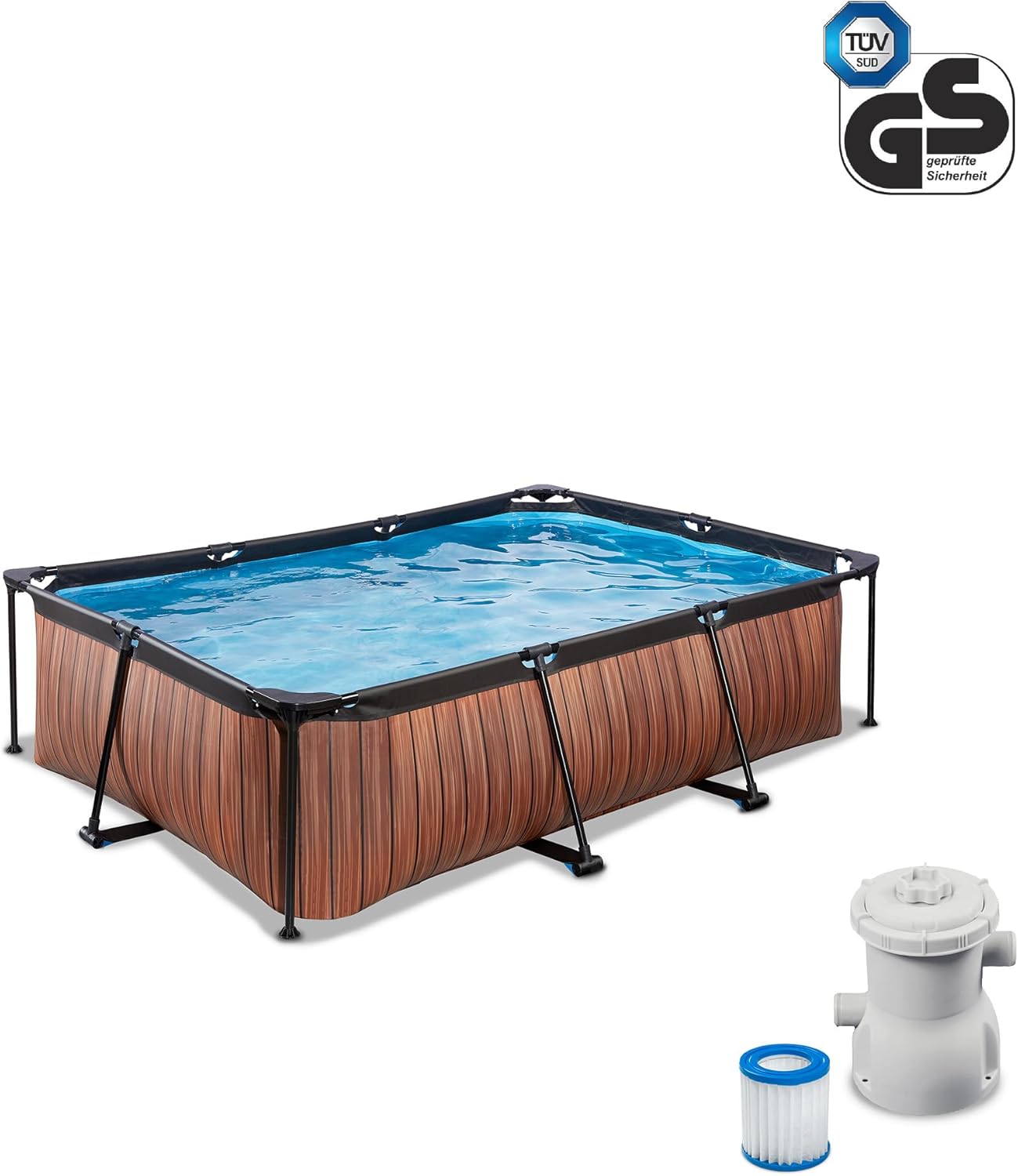 EXIT Toys Piscine en Bois - 220 x 150 x 65 cm - Rectangulaire et compacte - avec Pompe à Filtre à Cartouche - Facile d'accès - Convient pour Les Tout-Petits - Cadre Solide - Design Unique - Marron