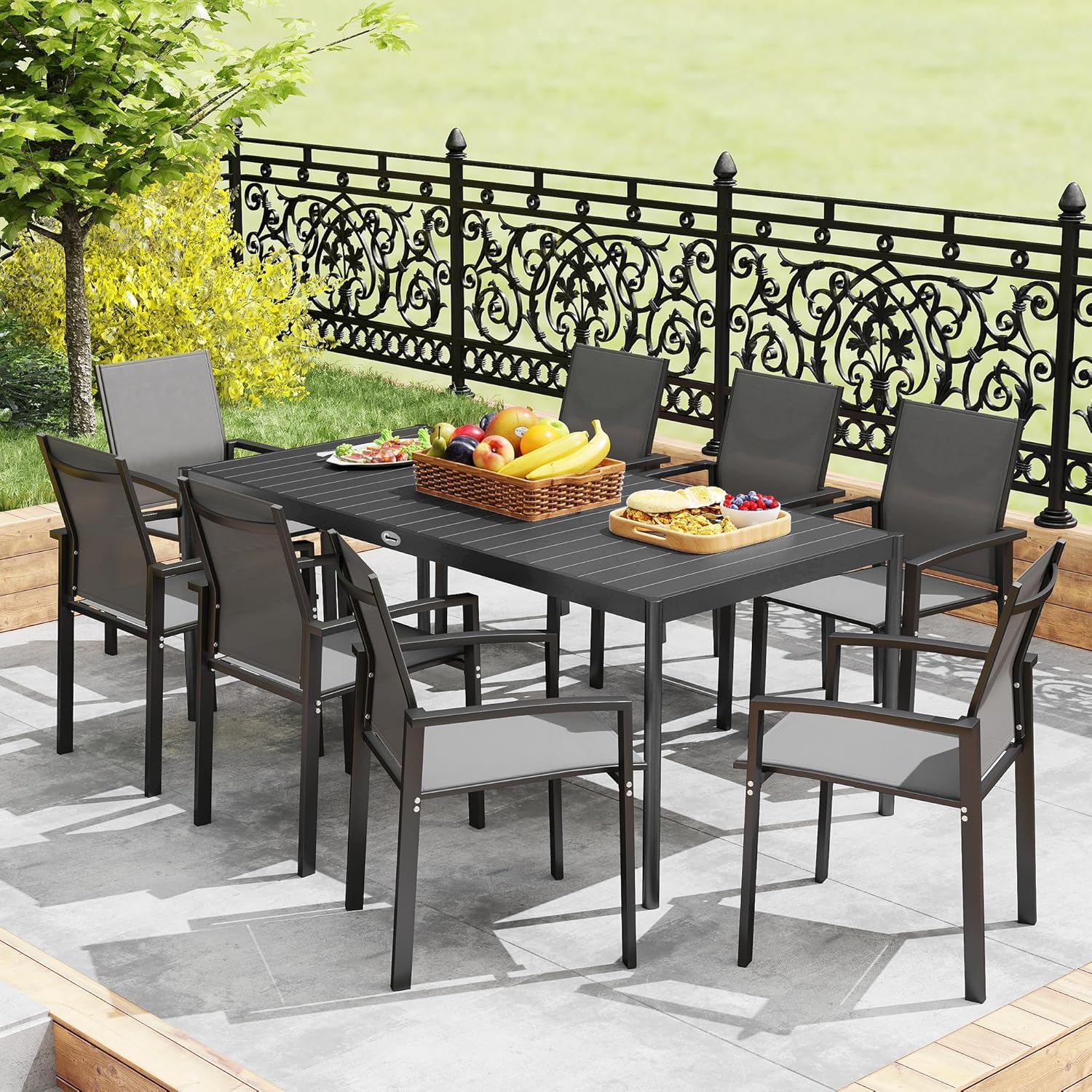 Outsunny - Table de jardin 8 personnes - acier, plateau lattes, anti-rouille, gris foncé