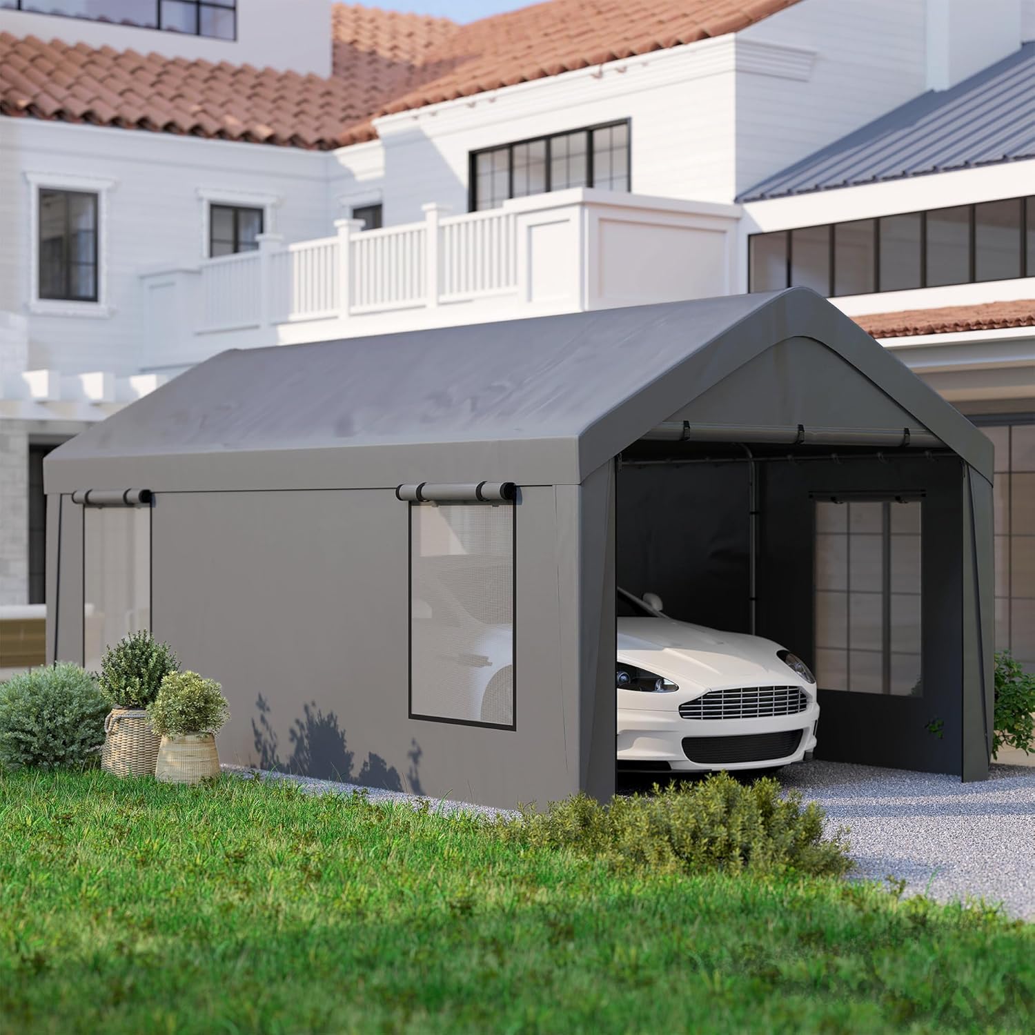 Outsunny - Carport 3x6 m - parois amovibles, 4 fenêtres, 2 portes roulantes