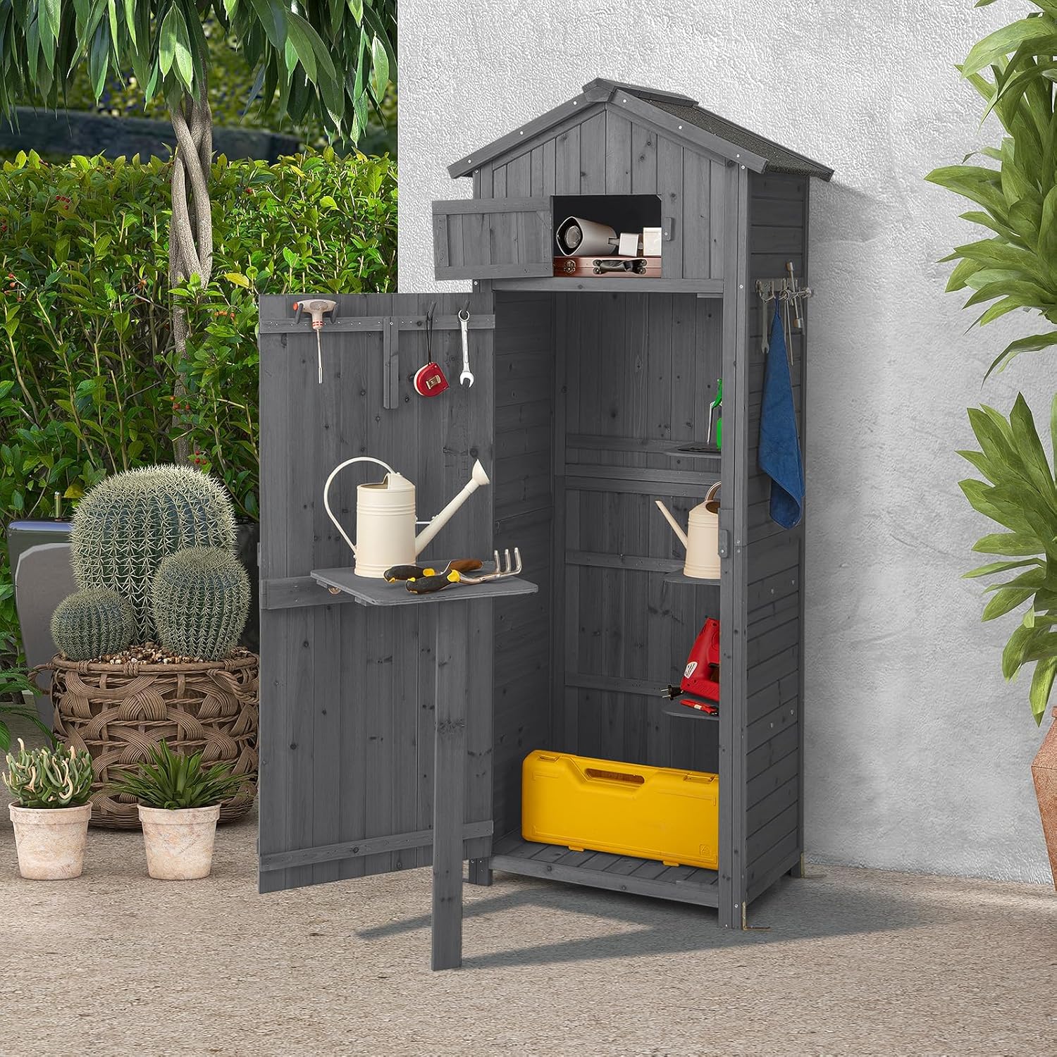 GOPLUS Abri de Jardin en Bois de Sapin avec Toit en Asphalte, 75 x 50 x 180,5 CM, Cabane de Jardin Exterieur avec Porte Verrouillable, Table Pliable, Crochet, 3 Étagères Amovibles, pour Terrasse, Gris