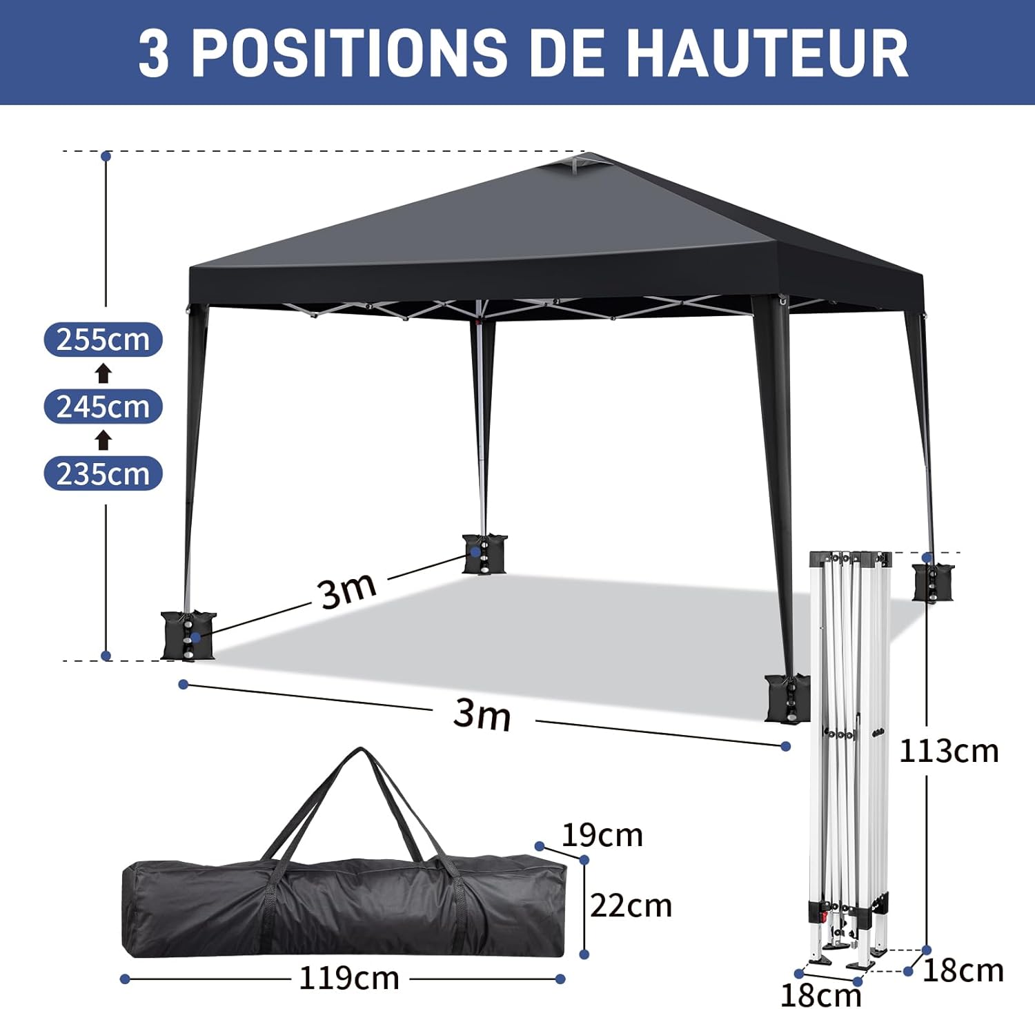 LEADZM - tonnelle pliable 3x3m, imperméable, UV 50+, accessoires, Noir-évent