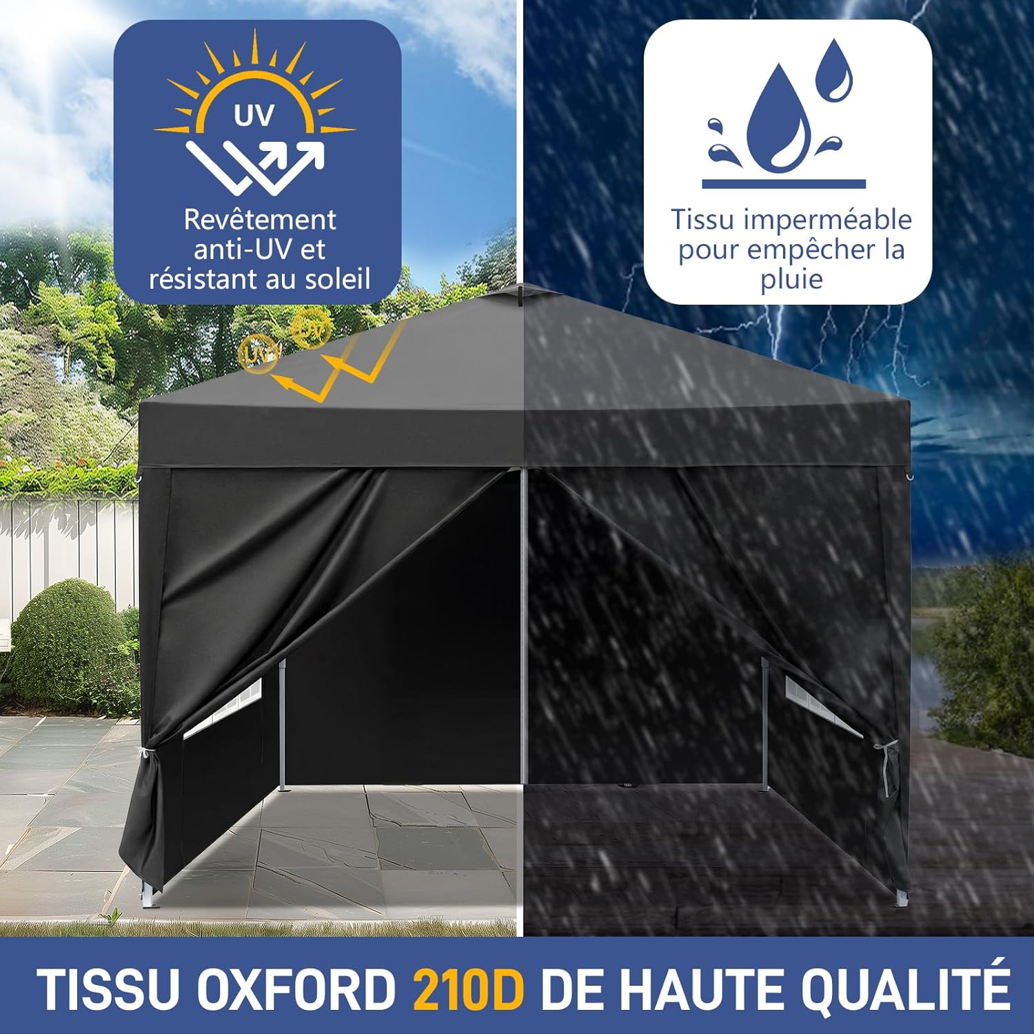 LEADZM - tonnelle pliable 3x3m, imperméable, UV 50+, accessoires, Noir-évent