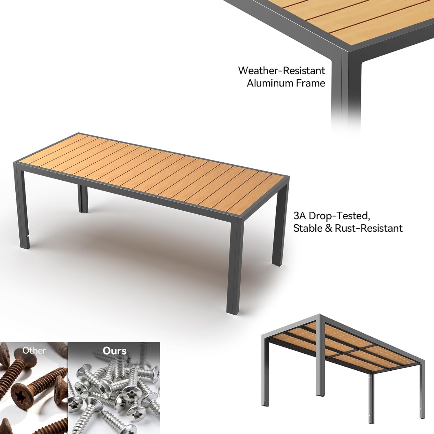JUMMICO - Table jardin aluminium aspect bois 189x80cm, 6-8 pers, teck