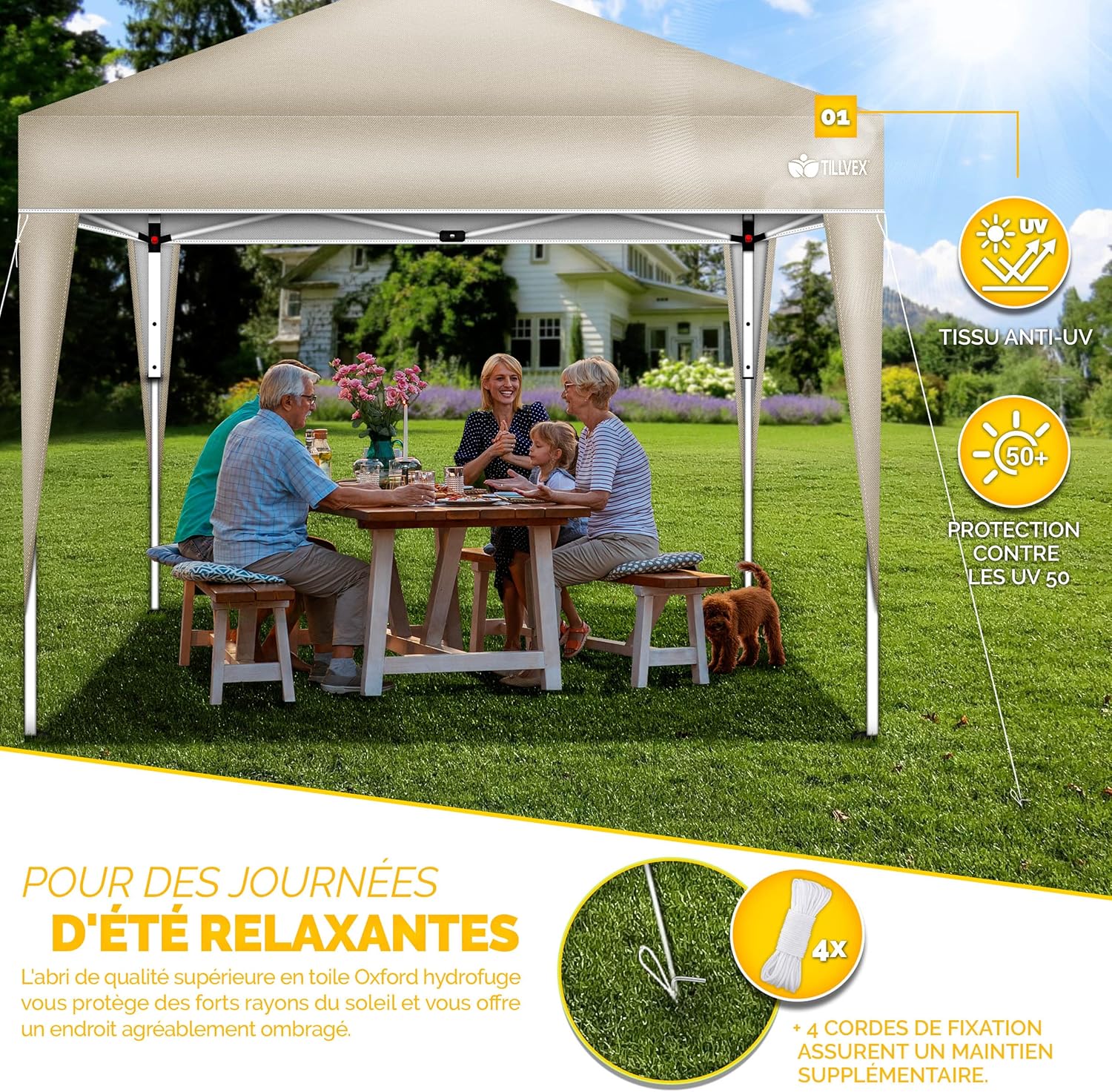 Tillvex - Tonnelle pliante jardin série 3x3m réglable UV50+ sac