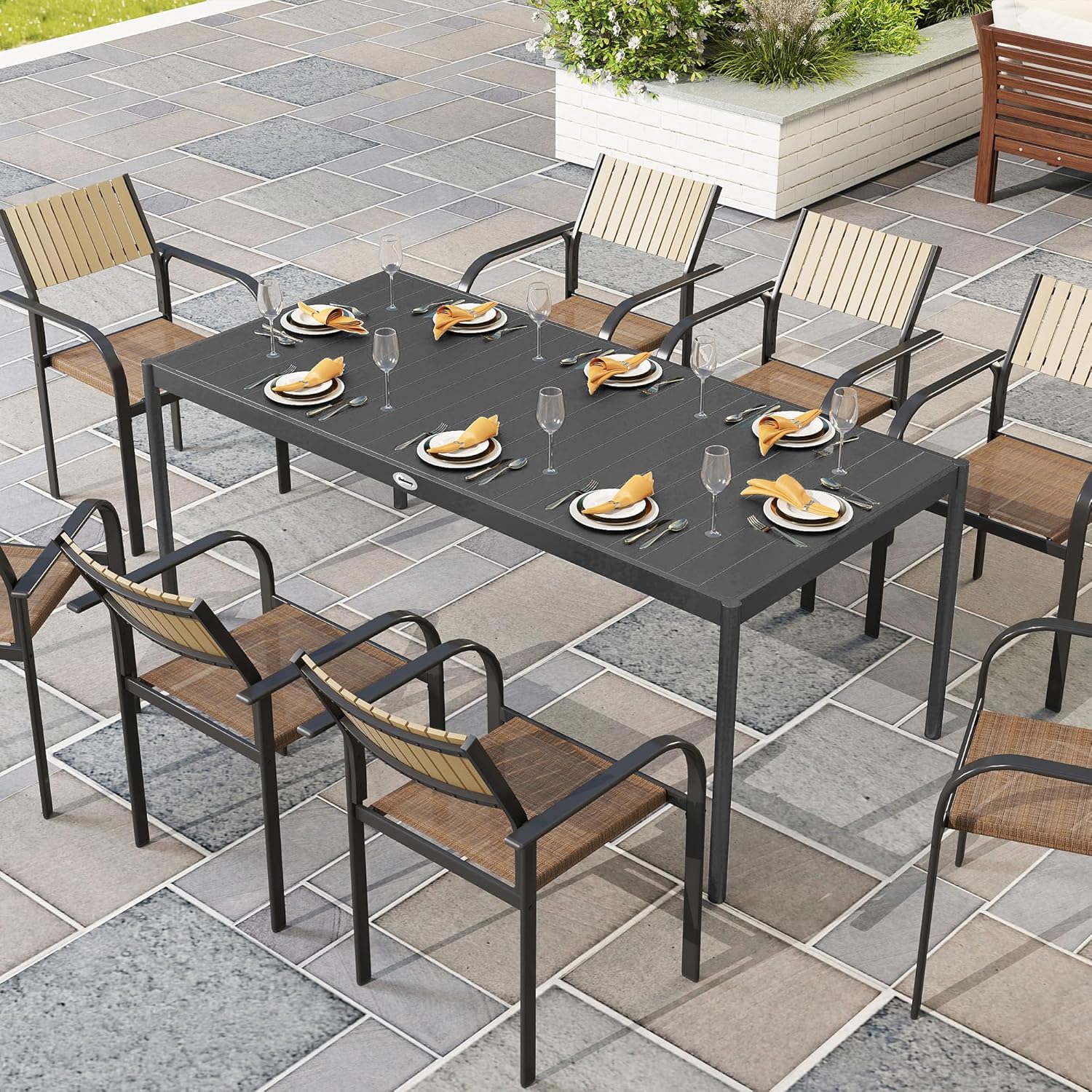 Outsunny - Table de jardin 8 personnes - acier, plateau lattes, anti-rouille, gris foncé