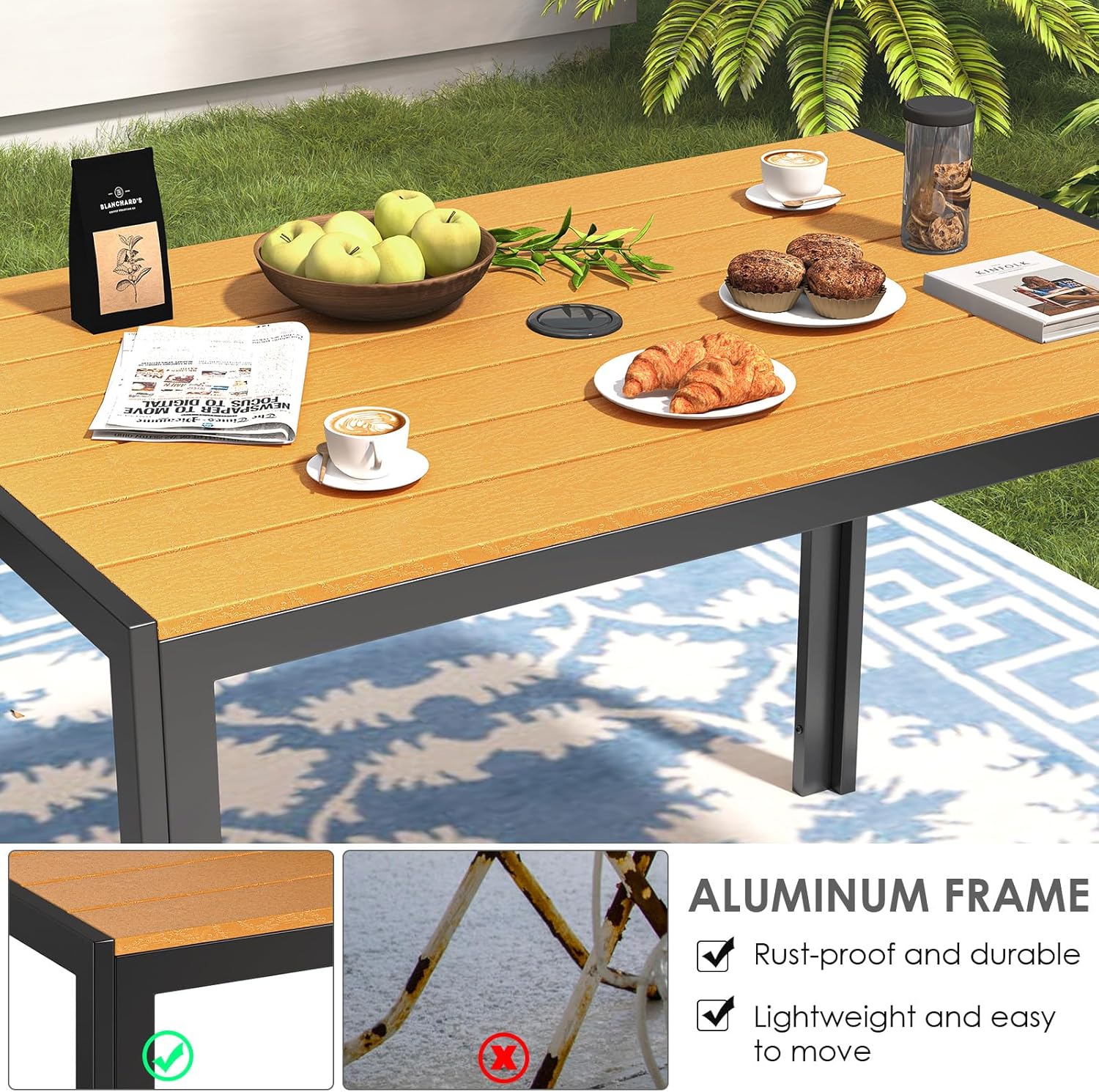 LIFERUN - Table de jardin 110x70cm - WPC, aluminium, trou parasol, brun teck