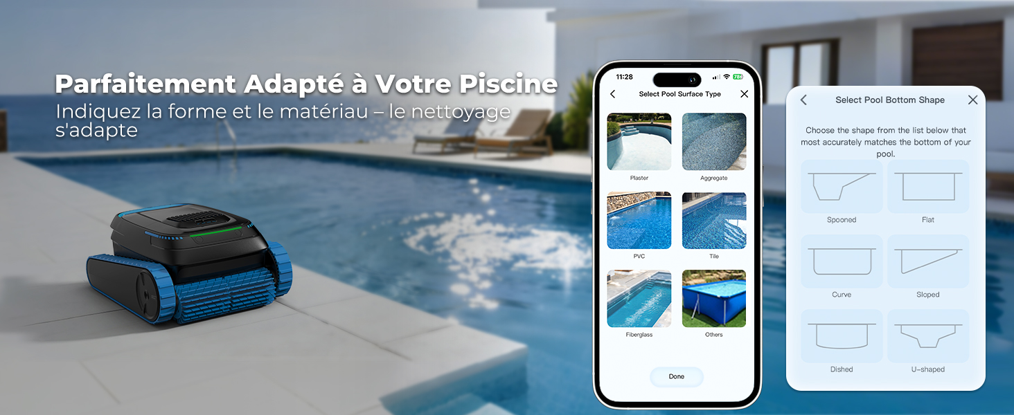 Le texte indique « Parfaitement adapté à votre pièce ». Présentation du produit à panneaux multiples d'un aspirateur robotique bleu doté d'une interface d'application pour smartphone et de fonctionnalités de cartographie de la pièce.