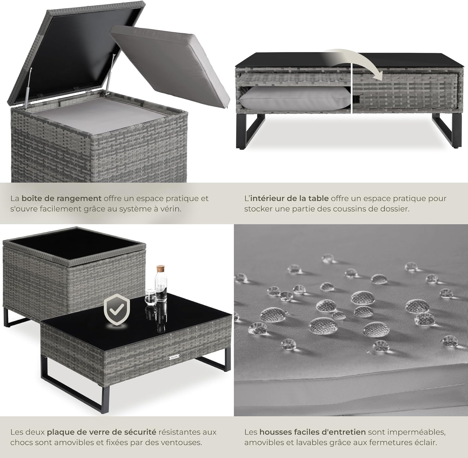 tectake - Salon de jardin modulable 4 places, table verre, coffre, coussins