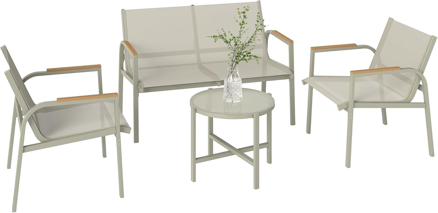 Outsunny - Salon de jardin 4 pièces textilène - 2 places, 2 fauteuils, table verre, vert