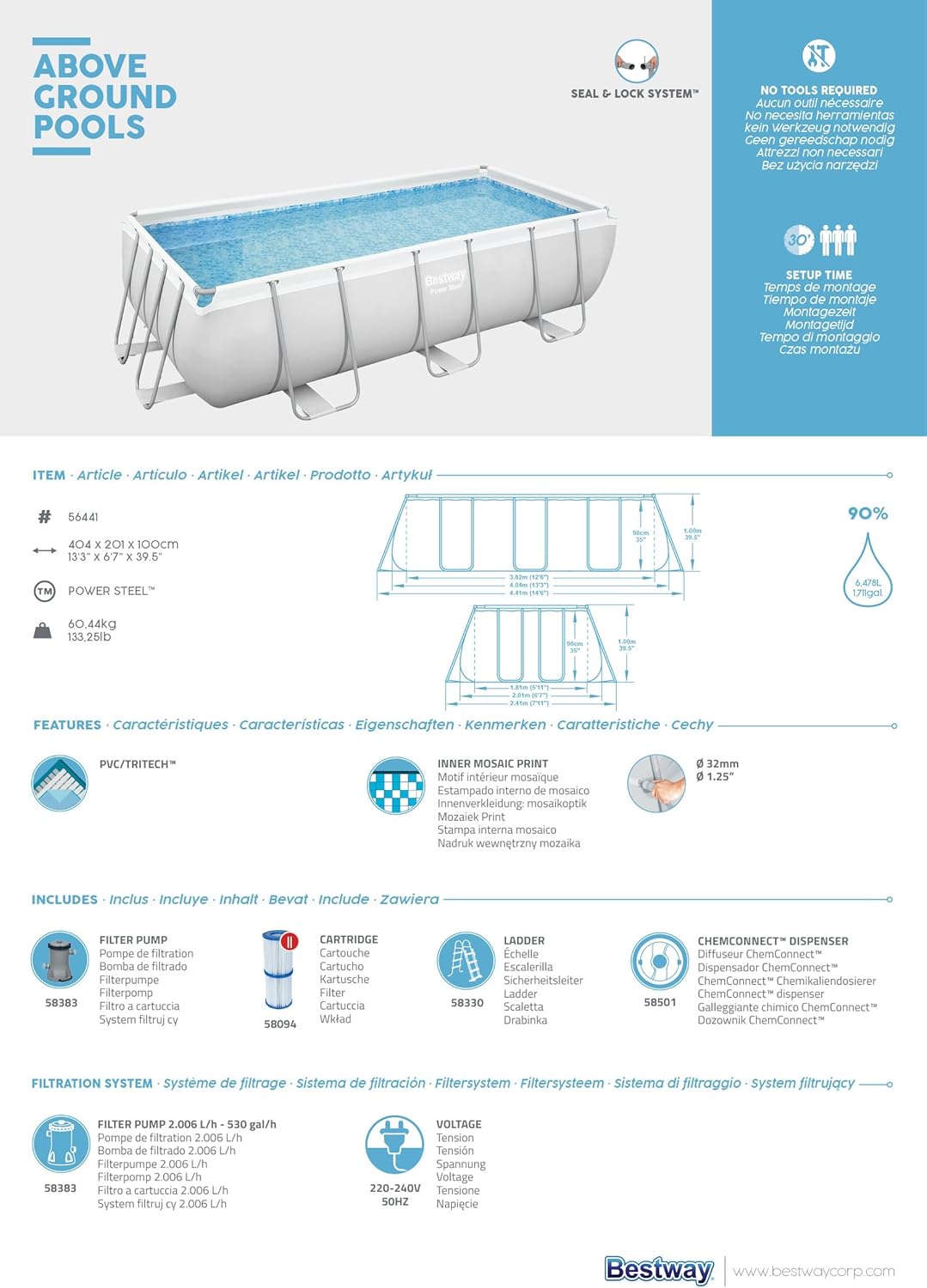 Bestway - Power Steel rectangulaire - 404x201x100 cm - piscine tubulaire 56442
