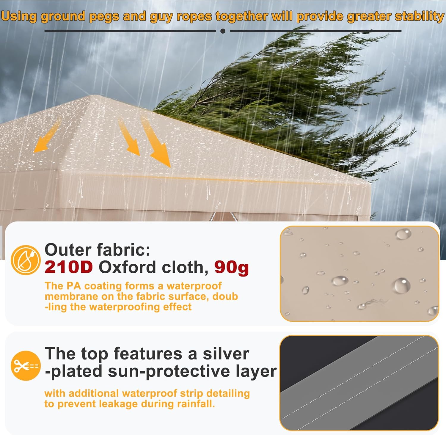 JUMMICO Tonnelle Pliante 3x3 imperméable, Hauteur Réglable, Toile Épaisse avec Fermeture Velcro, Structure Robuste, Protection Anti-UV, Idéale pour Camping, Jardin et Plus Encore, Beige