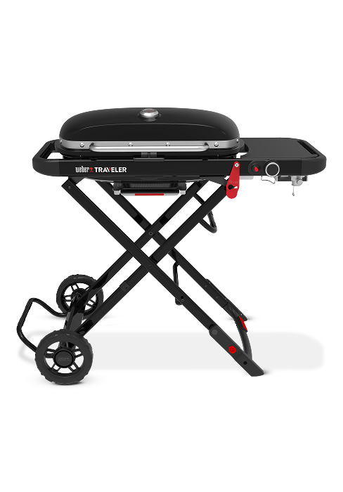 Grill noir pliable portable avec roues et structure de support en X. Comprend un design pliable avec des mécanismes de verrouillage rouges et une configuration de transport compacte.