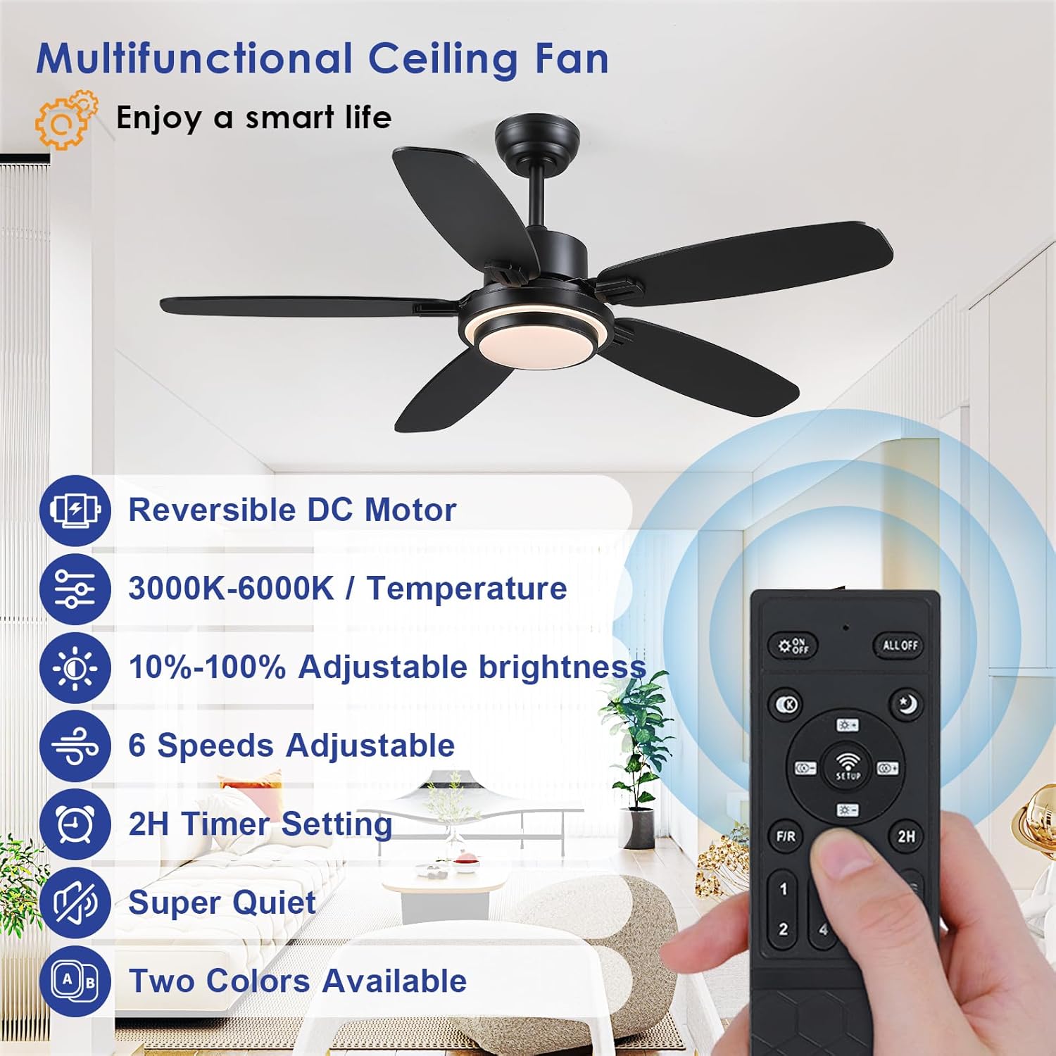 Kviflon - Ventilateur Connecté Série Moderne - 127cm - DC Réversible, LED, Silencieux