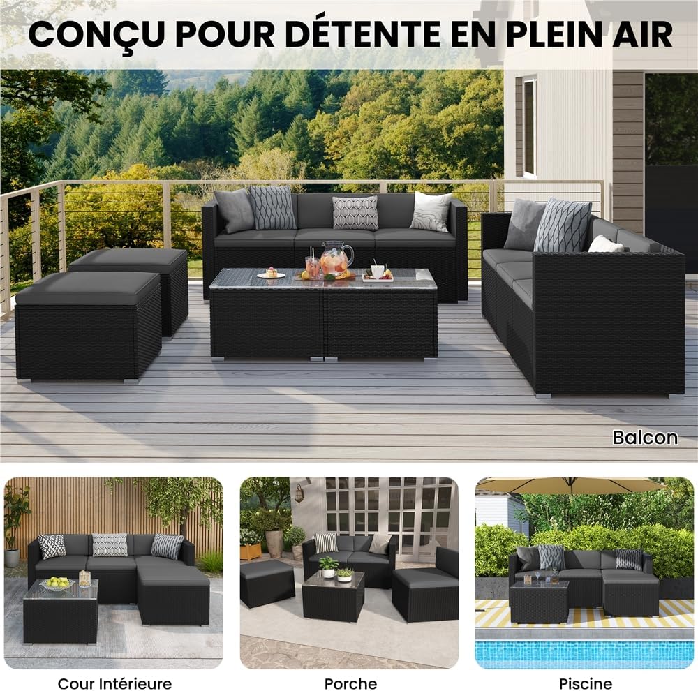 Yaheetech - salon de jardin 4 personnes, polyrotin, modulable, 5 pièces