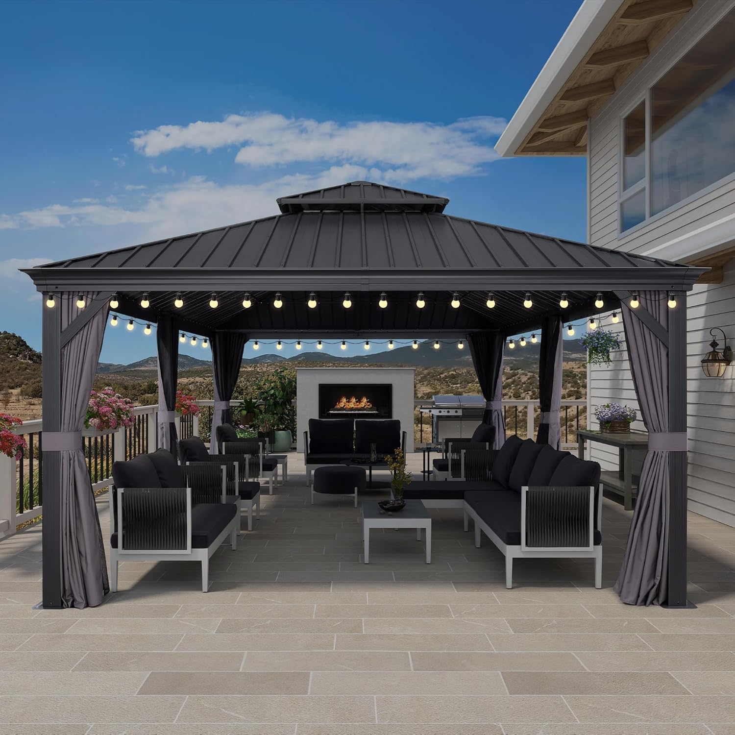 PURPLE LEAF - Pergola Série 6x4,25m - alu, leds, rideaux, gouttière