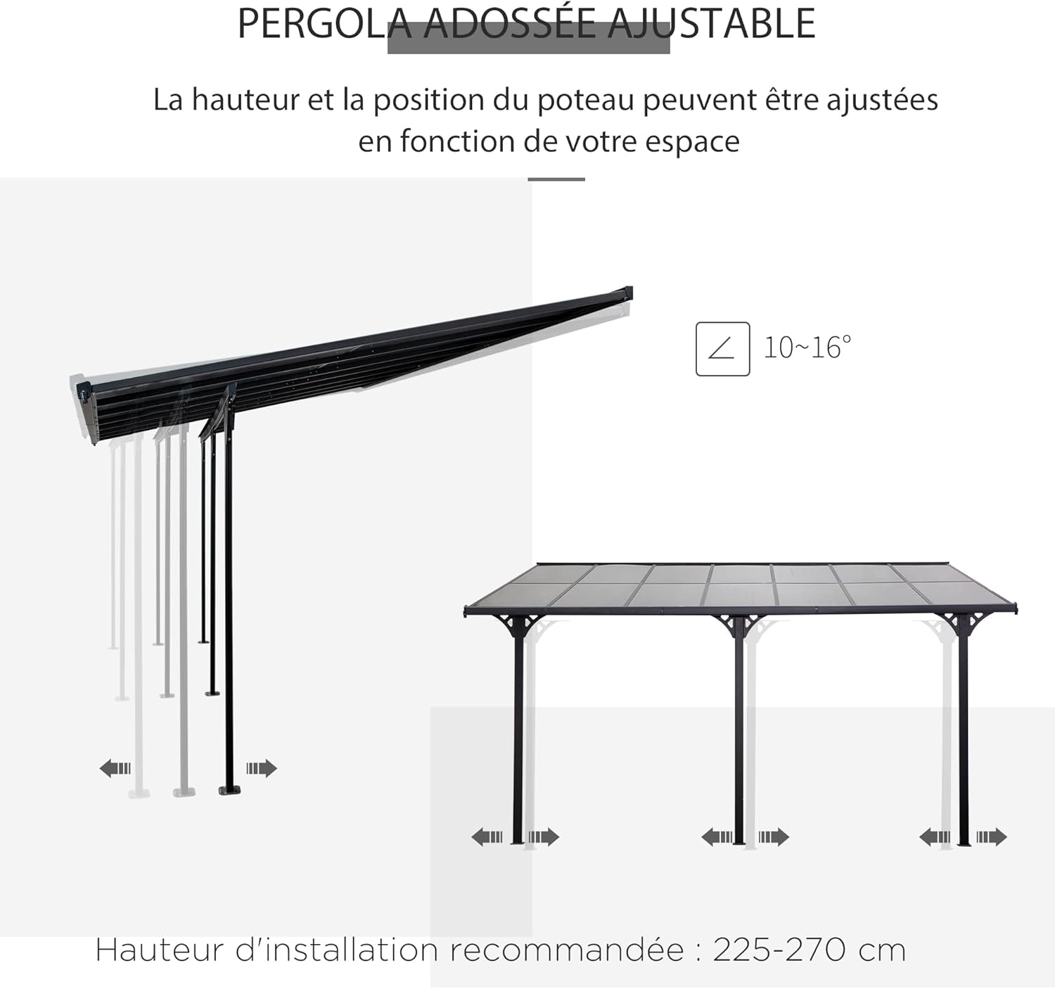 Outsunny - Pergola adossée aluminium 4,5x3m toit UV, gouttière, gris