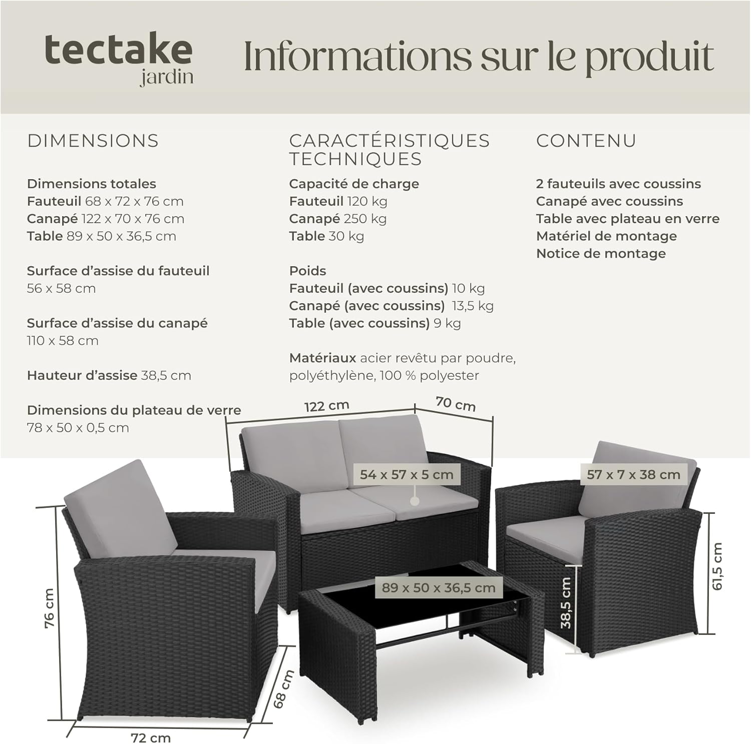 TecTake - Salon de jardin rotin 4 places - canapé, fauteuils, table, coussins confortables