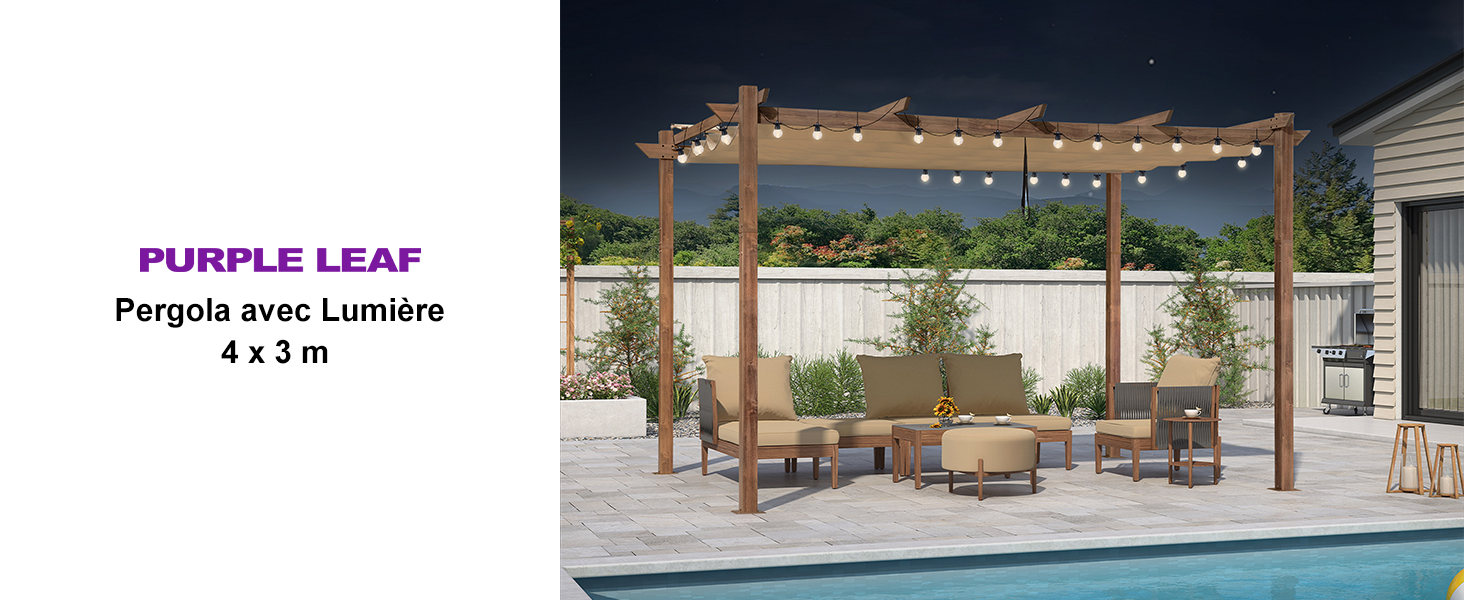de marque Purple Leaf avec guirlandes lumineuses, mesurant 4 x 3 m, illustrée dans le cadre d'une piscine extérieure avec des meubles en dessous. Dispose d'un design moderne avec auvent illuminé.