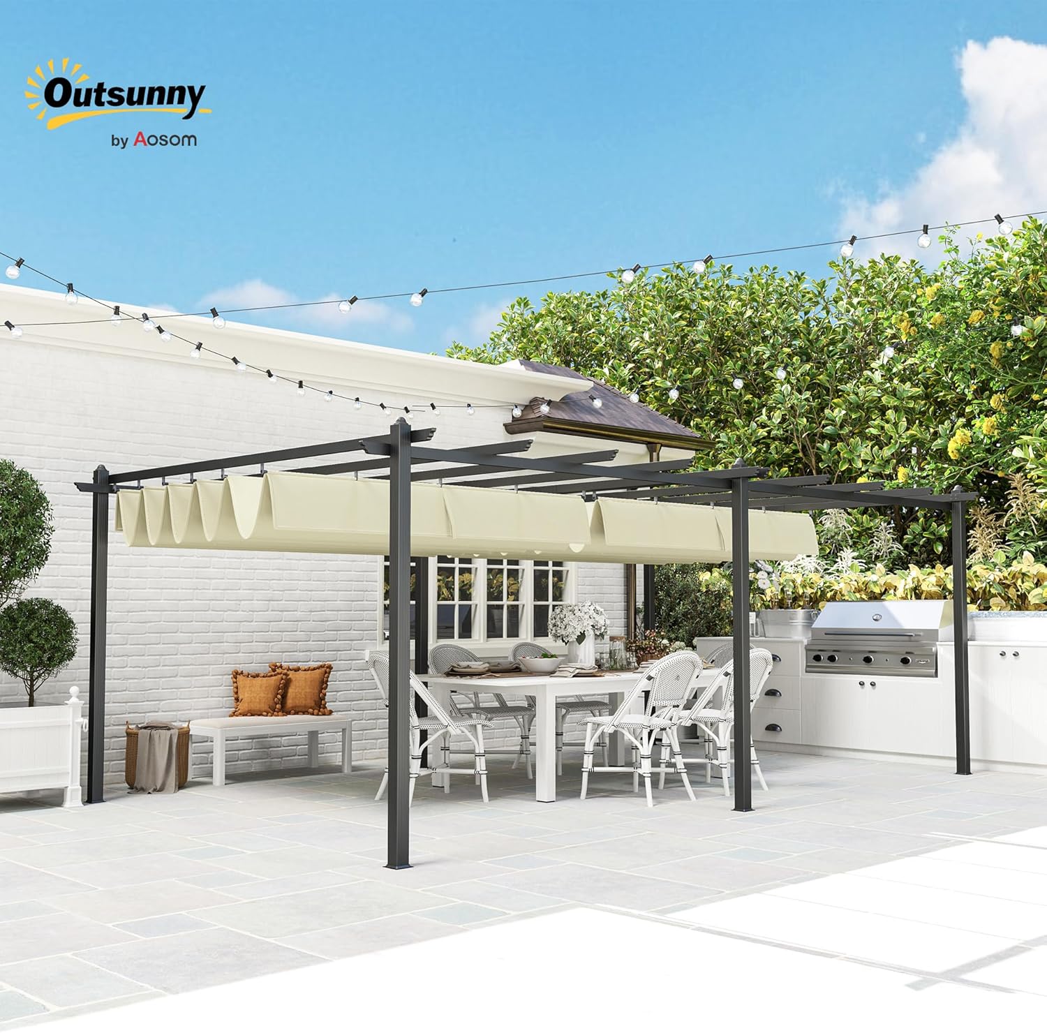 Outsunny - Pergola 3,6x6m - aluminium, toile rétractable, beige