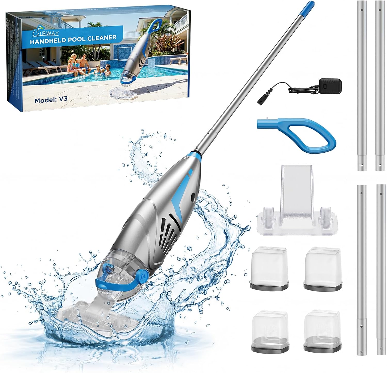 UIRWAY V3 Aspirateur Piscine sans Fil, 26,5 GPM Aspirateur Piscine Hors Sol Puissant Graviers, 2026 IPX8 Balai Aspirateur Piscine Rechargeable avec 2 Têtes & 4 Sacs Filtrants, Autonomie 1H Adapté