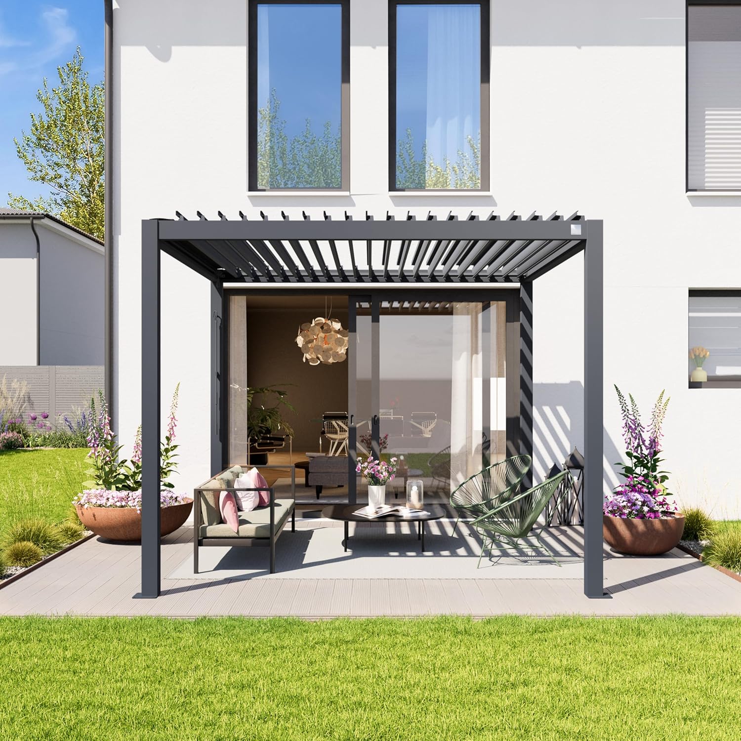 PRIMEYARD - Pergola série standard - 3x3 m alu et lames acier orientables