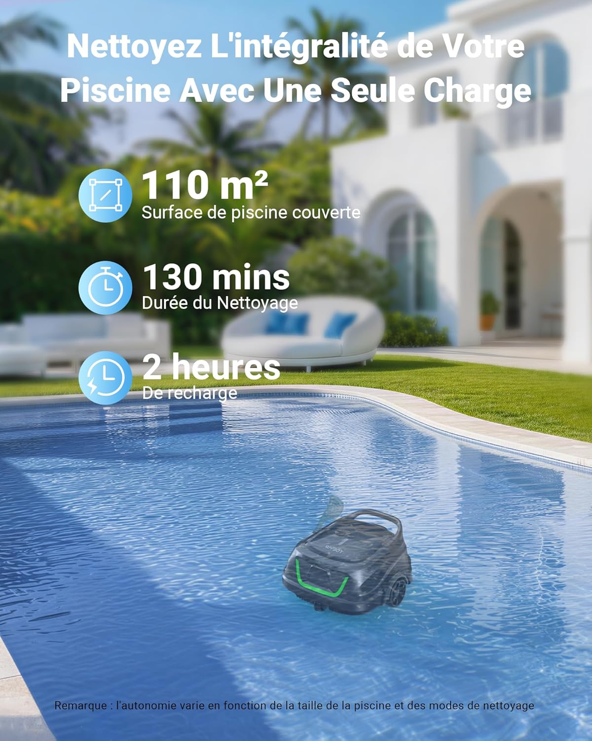 WYBOT A1max Robot Piscine sans Fil pour Piscines Hors-Sol, Aspirateur Automatique, Robot Piscine 130 Min Autonomie, Double Filtration, LED, Charge 2h, 4 Modes,Vert forêt