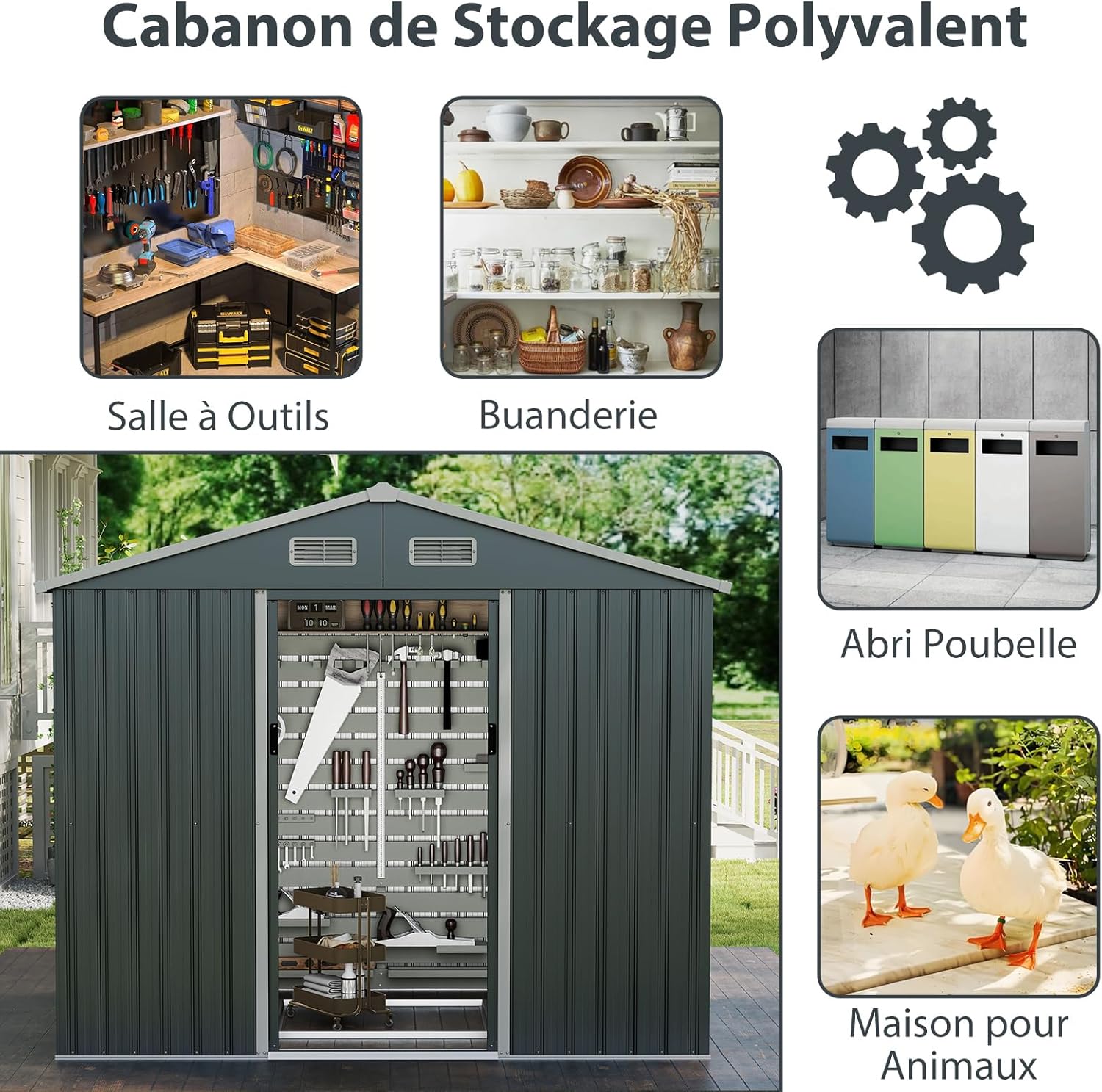 Abri de jardin métal 4m² - toît double pente, portes coulissantes, 