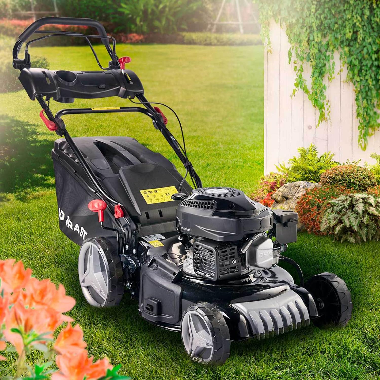 BRAST Tondeuse Thermique, tractée, 46cm, 3,5kW (4,7 CV), 170cc bac 60l, Moteur 4 Temps, Mulching -5 MODÈLES- châssis en tôle d'acier, 4 en 1 Tondeuse Thermique Hauteur de Coupe et Guidon réglable