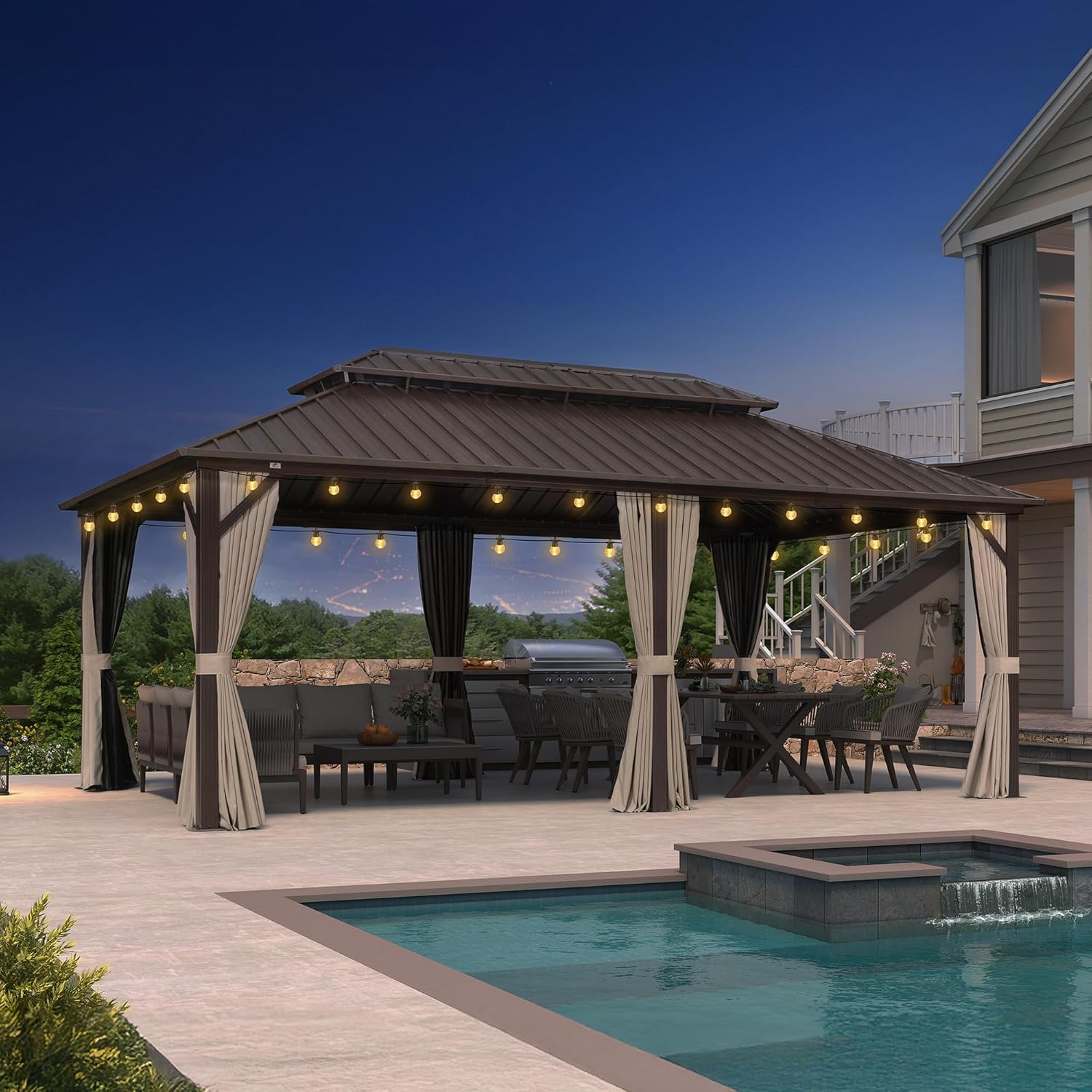 PURPLE LEAF - pergola double toit rigide 6x3,65m, aluminium, guirlande, rideaux