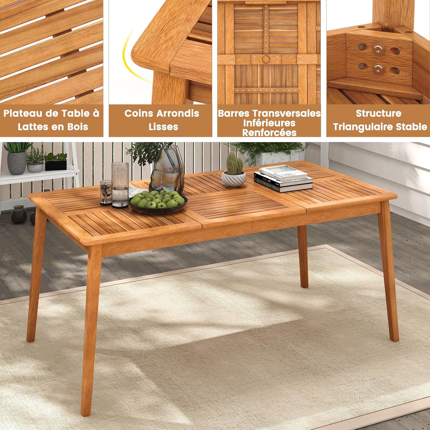 GOPLUS - table de salle à manger extérieur - 90x170 cm - bois acacia, 6-8 pers, trou parasol intégré, charge 160 kg