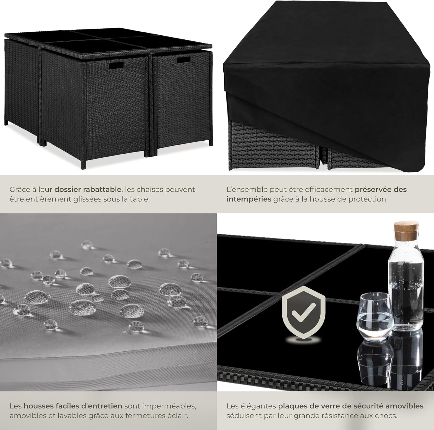 tectake - Salon de jardin Poly Rotin - table, 4 chaises, housse - dimensions compactes - NOIR/GRIS