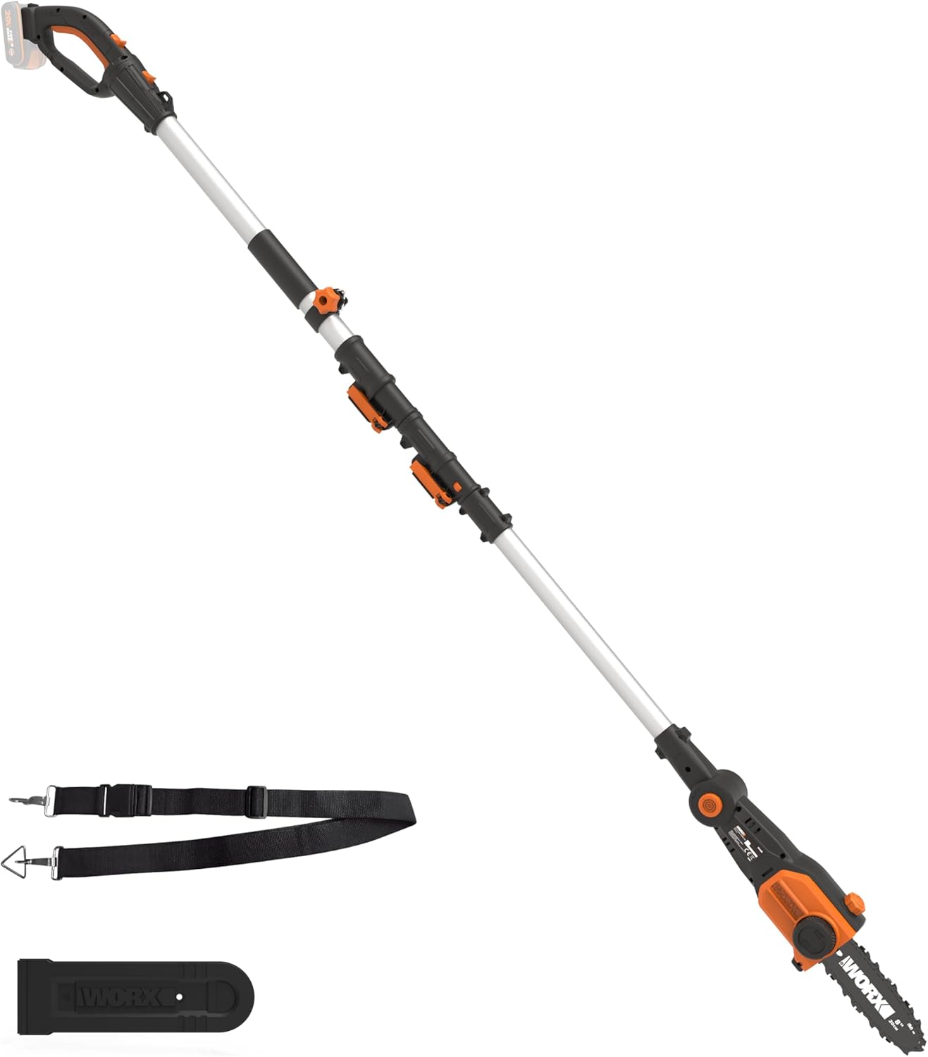 WORX - tronçonneuse élagueuse 20V - guide 20cm - manche télescopique, coupe 3,6m, harnais, WG349E.9