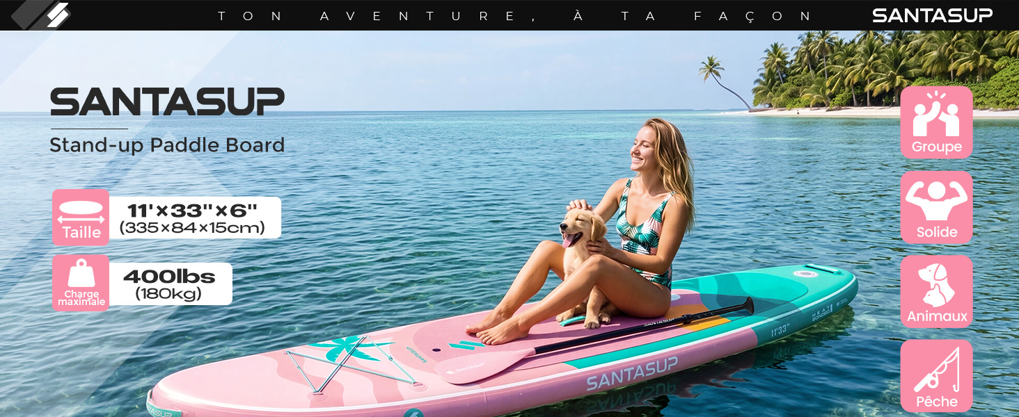 Le texte indique « etevila » avec les informations sur le produit visibles. L'image montre une personne sur un paddleboard bleu sur l'eau, vêtue d'une tenue rose et blanche, présentation du produit avec des éléments de marque roses.