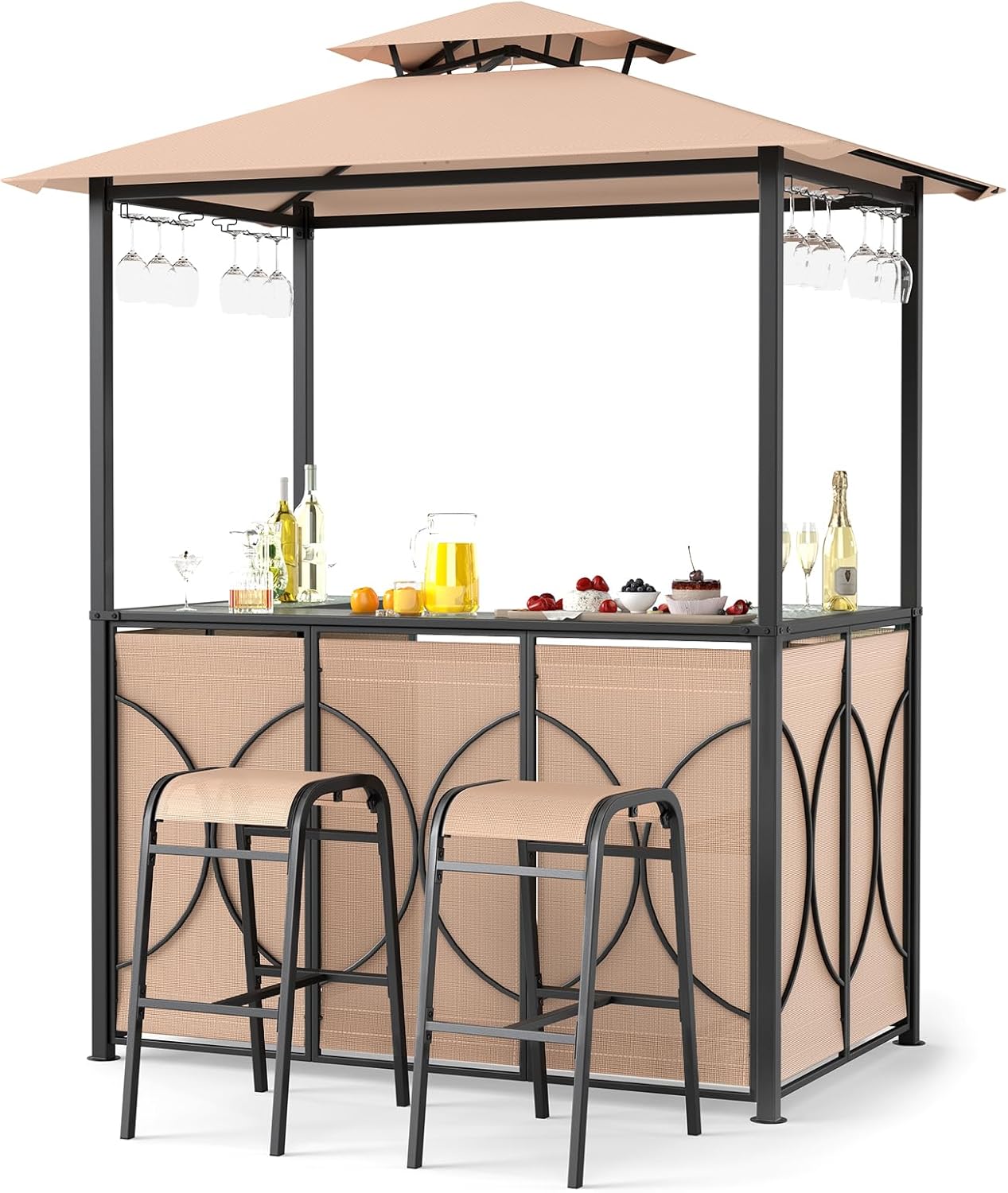 COSTWAY - Tonnelle barbecue avec tabourets, 194x121x242 cm, métal et verre