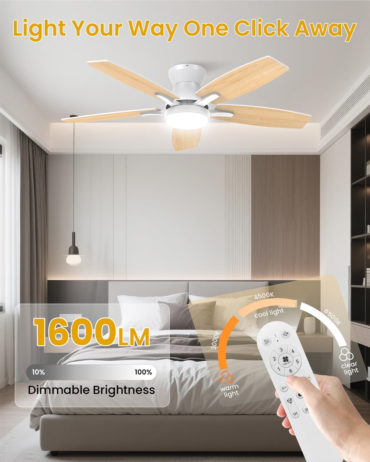 Airwit 106cm Silencieux Ventilateur Plafond avec Lumiere, Double Face Pale Lampe Ventilateur de Plafond LED avec Telecommande et Réversible DC Moteur pour Chambre Salon Cuisine, 6 Vitesses