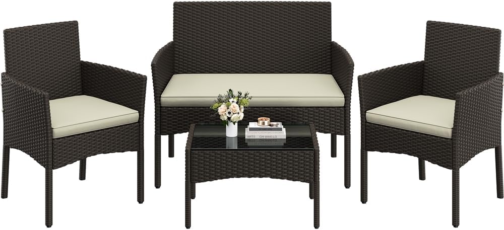 Yaheetech - Salon de jardin 4 places - polyrotin métal - canapé, fauteuils, table, coussins - brun/beige