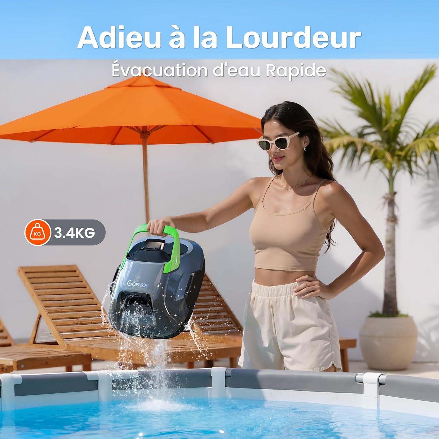 Gosvor Robot Piscine sans Fil, Aspirateur Automatique Piscine Hors Sol, 90 Min d’Autonomie, Retour Automatique, Portable, Robot de Piscine Jusqu’à 80 m²