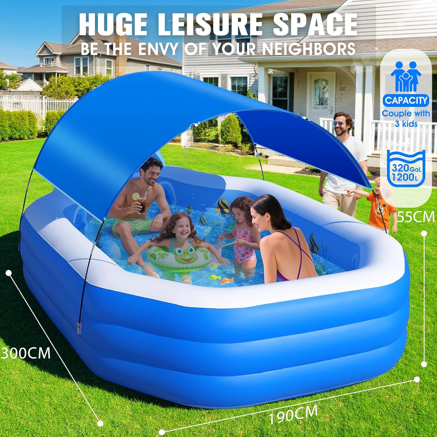 ChlorBlu - piscine gonflable avec auvent, 300x190x55cm, sièges, familiale