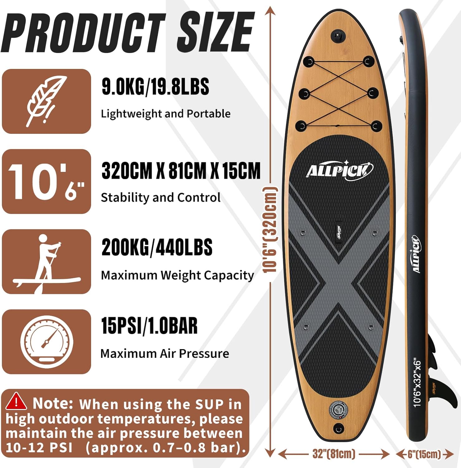 ALLPICK - Paddle gonflable 320 cm - kit complet, pagaie réglable, support caméra, 200 kg