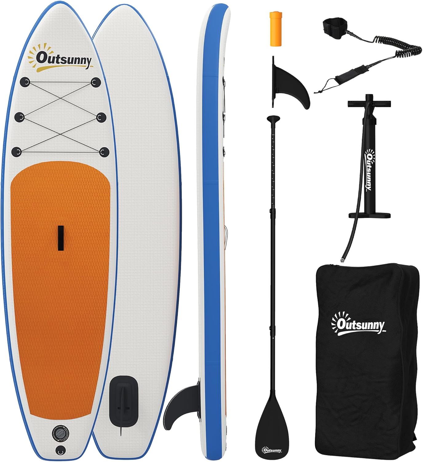 Outsunny Planche de stand up paddle gonflable de 305 cm avec pagaie réglable en aluminium, aileron amovible, dragonne antidérapante, accessoires pour sac à dos, 150 kg, pour adultes