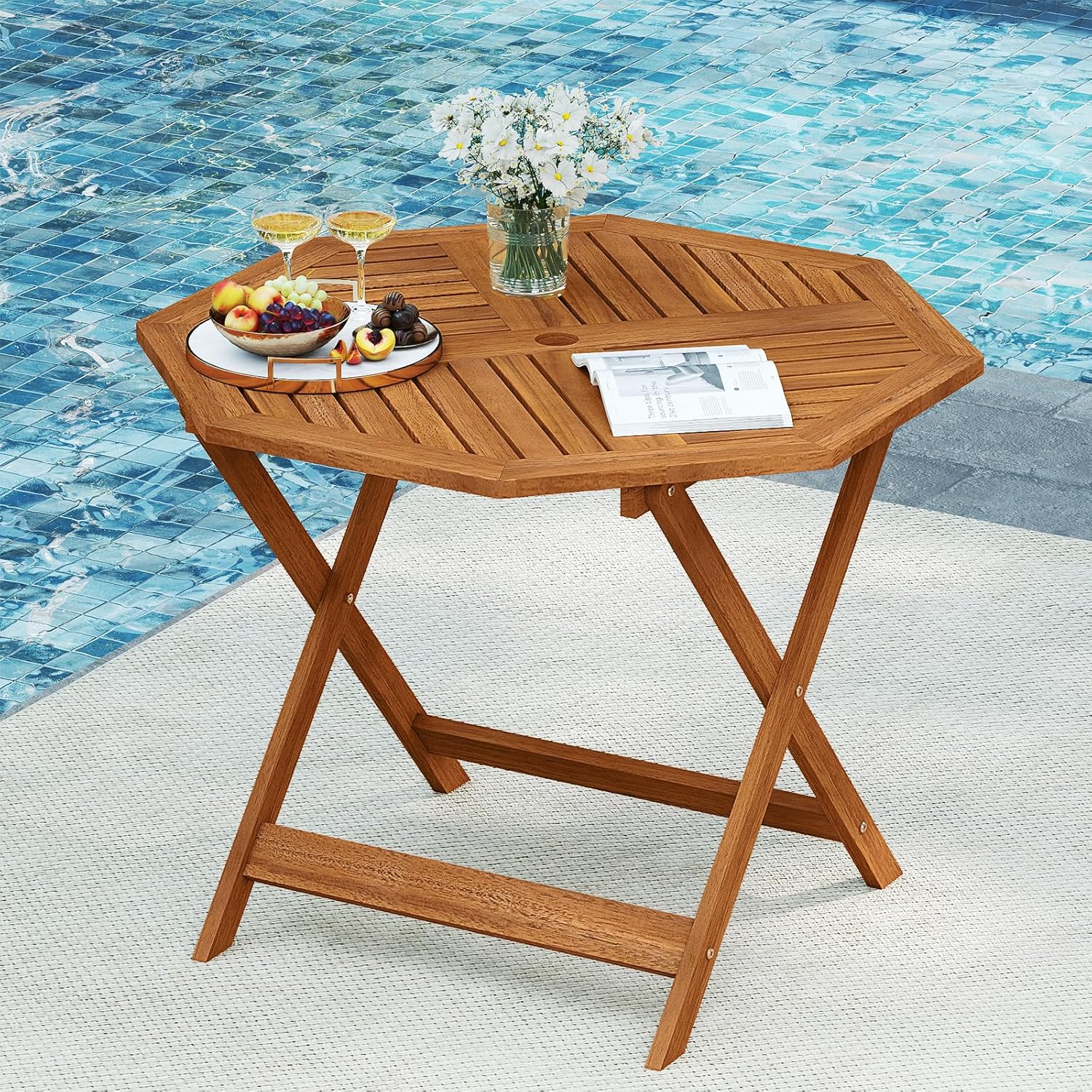 GOPLUS - Table de jardin octogonale - 90x72cm - bois, plateau lattes, trou de parapluie, charge 30kg